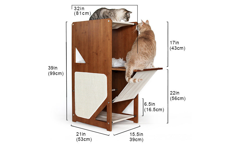 Large wall mounted bamboo cat tree with three levels, triangle cutouts, a faux fur pad, and a top canvas hammock