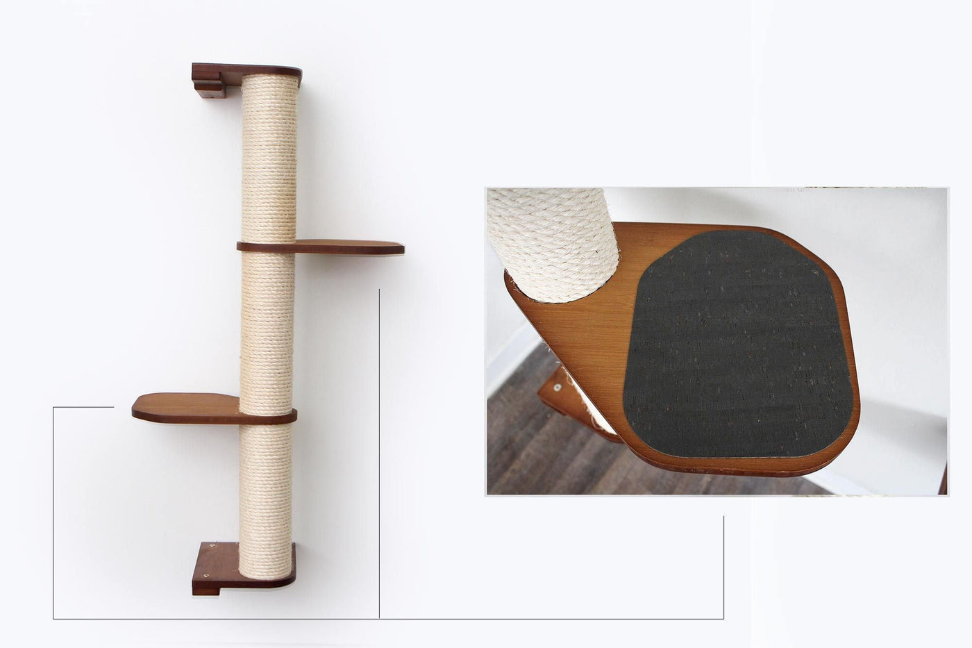 Wall mounted sisal cat scratching pole with a leaf shelf attached partway up
