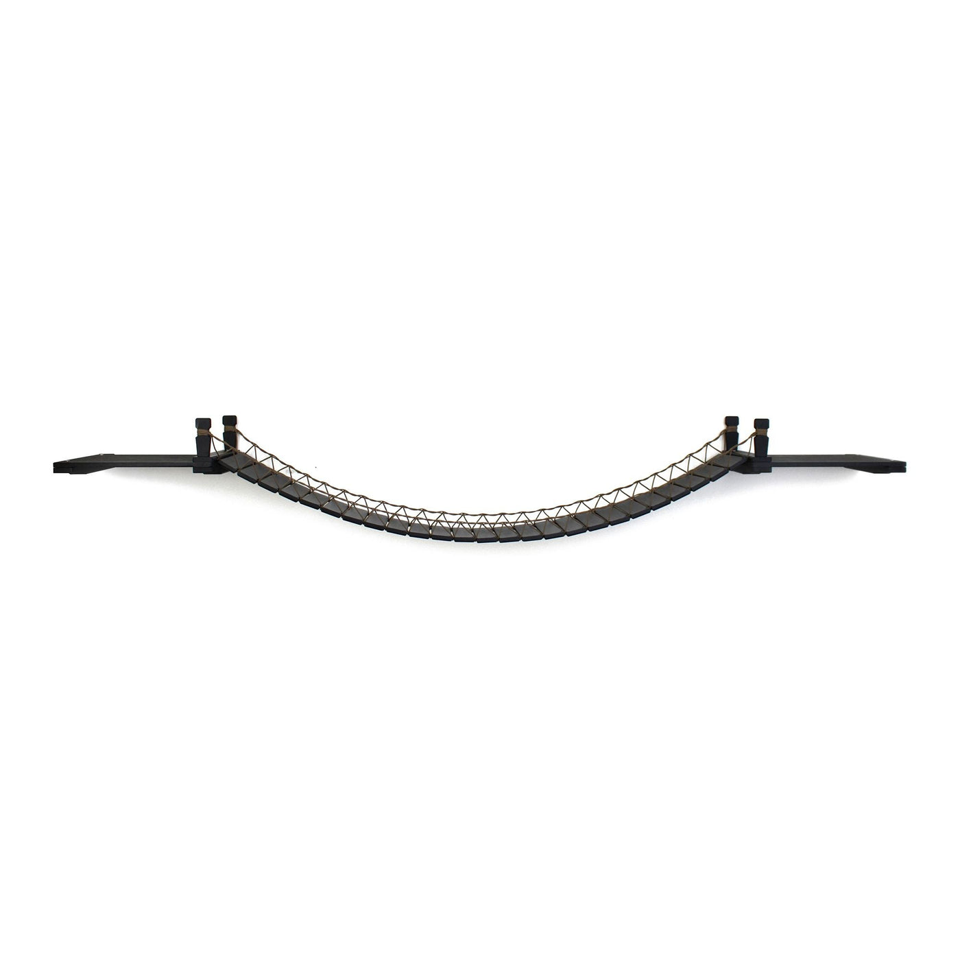 Wall mounted cat suspension bridge with a bamboo landing shelf at each end