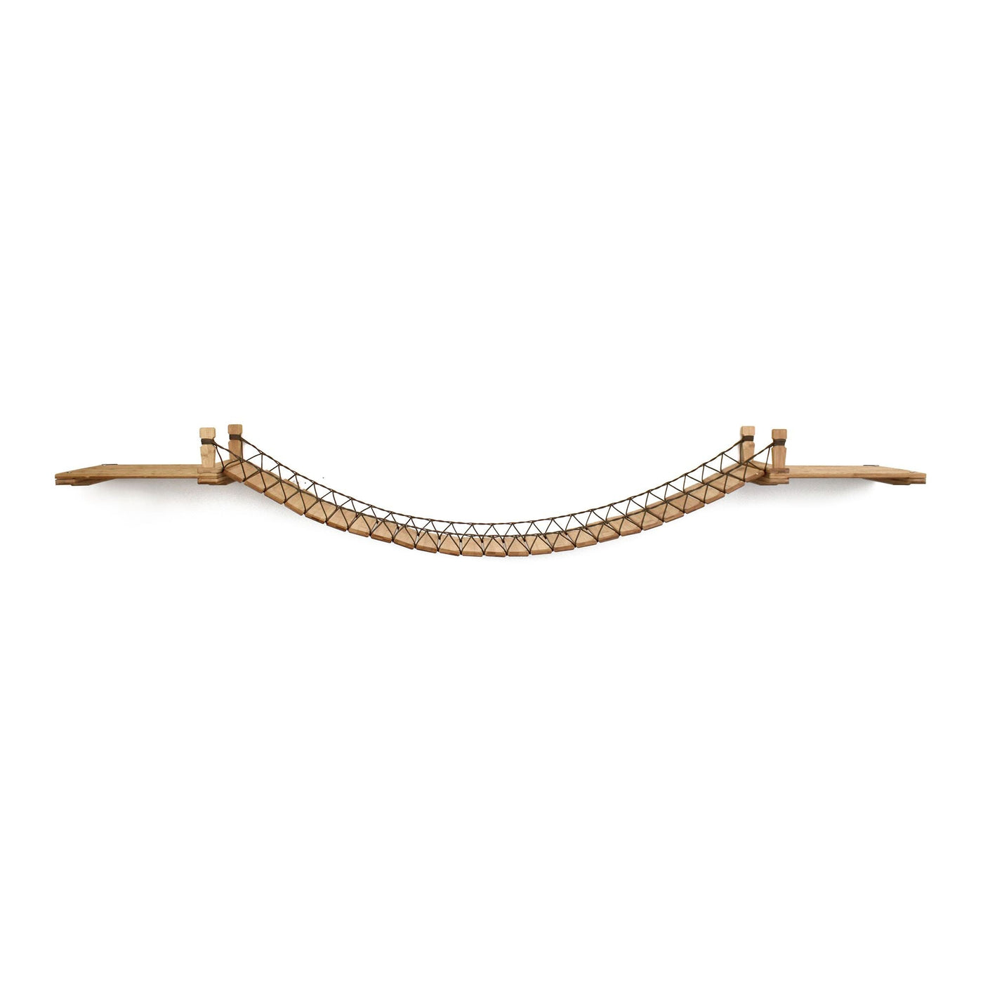 Wall mounted cat suspension bridge with a bamboo landing shelf at each end