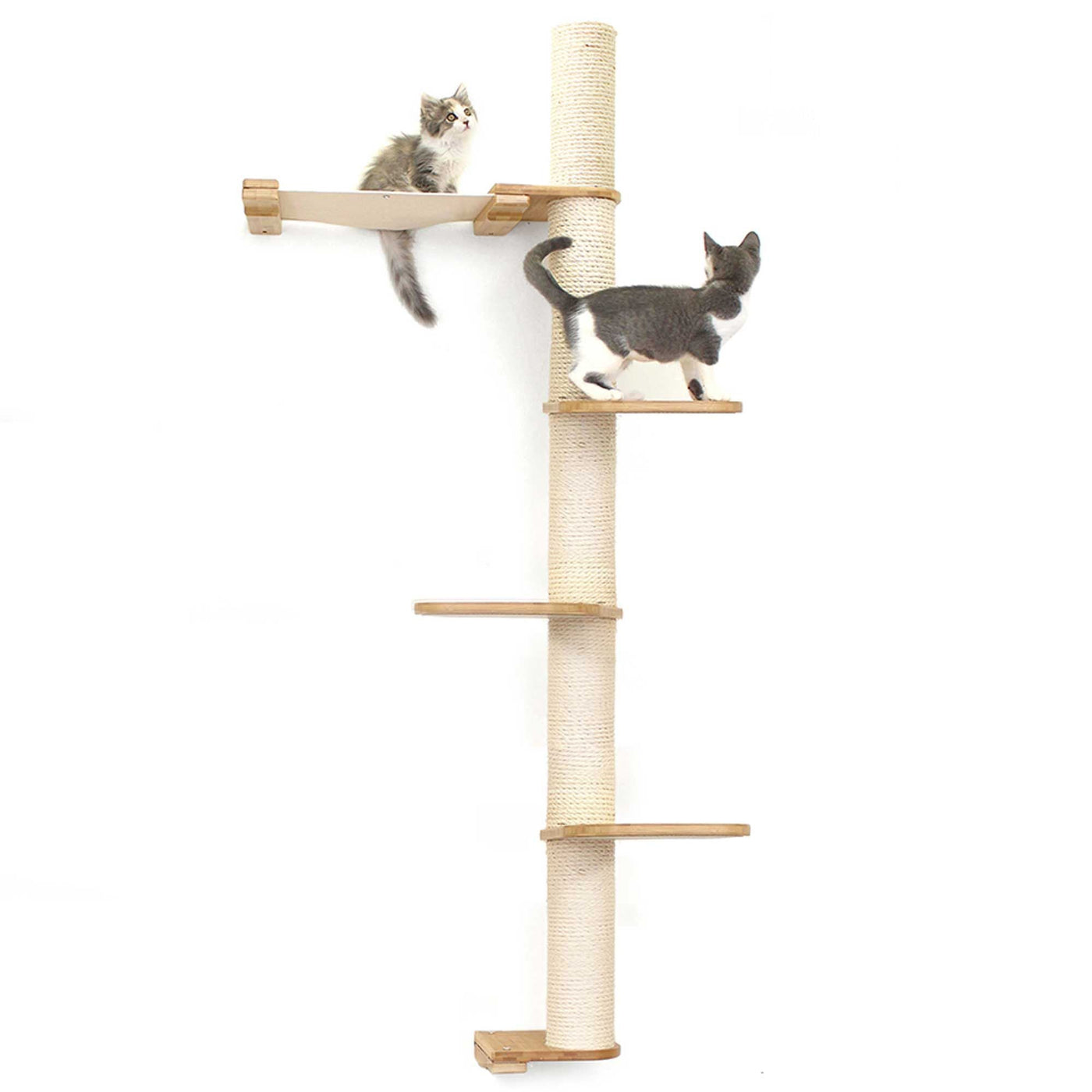 Tall wall mounted cat scratcher tree with a sisal pole installed high near the ceiling