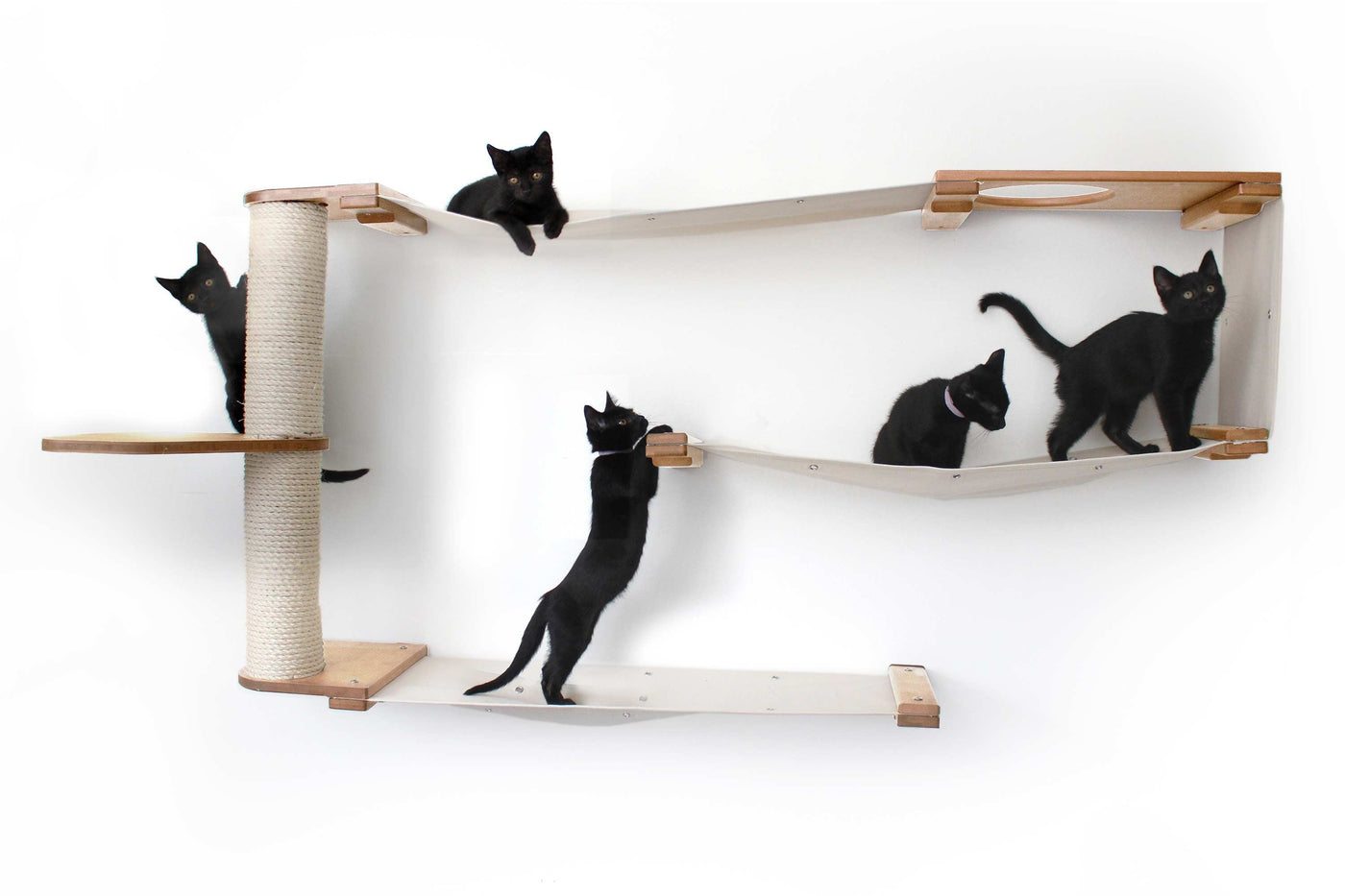 Wall mounted bamboo cat maze condo with interlocking panels and a small escape hatch opening
