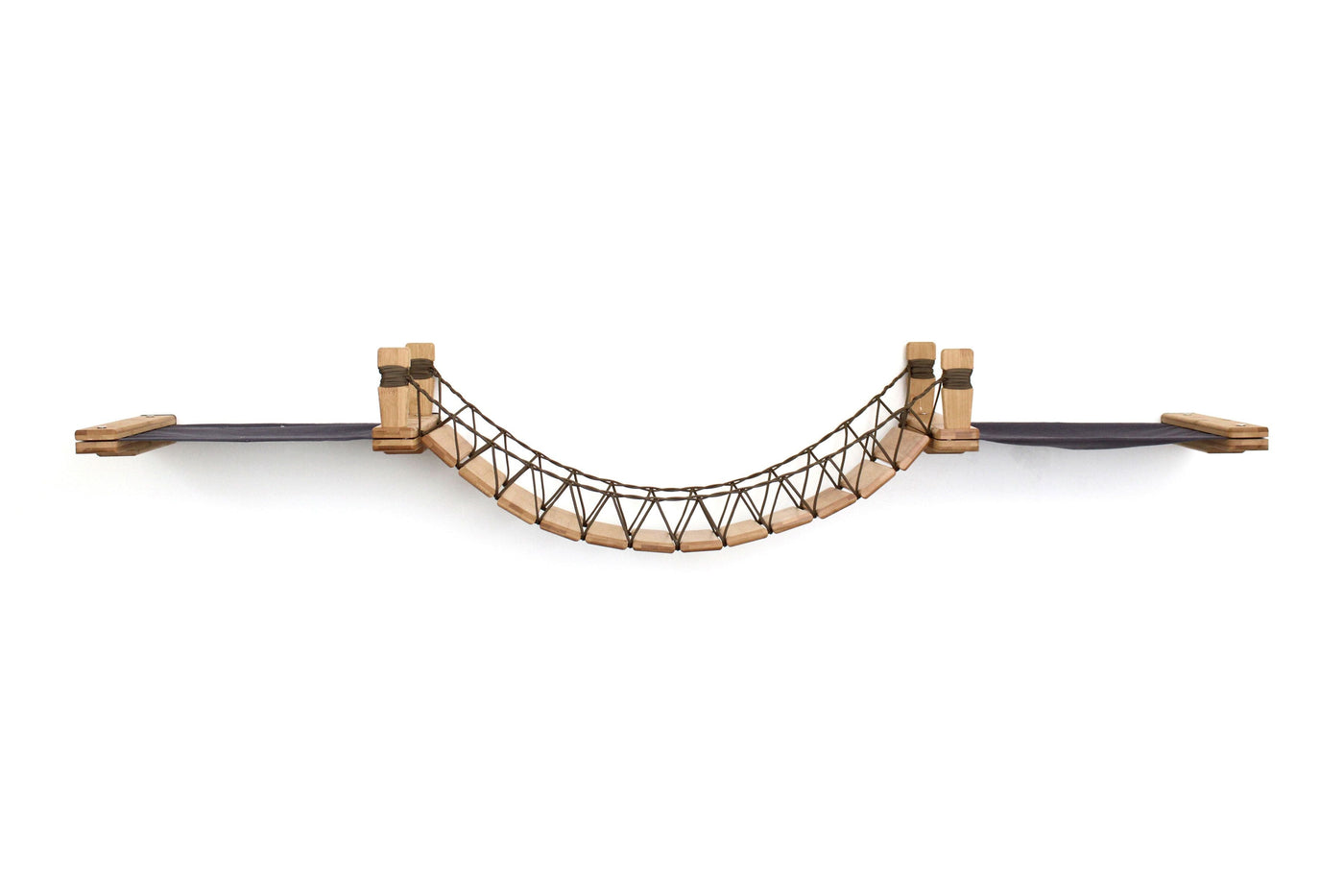 Wall mounted cat bridge with a canvas hammock at each end above a doorway