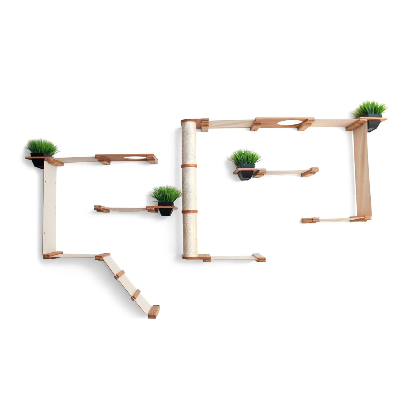 Large wall mounted bamboo cat condo with many canvas hammocks, four planters, and a central sisal pole