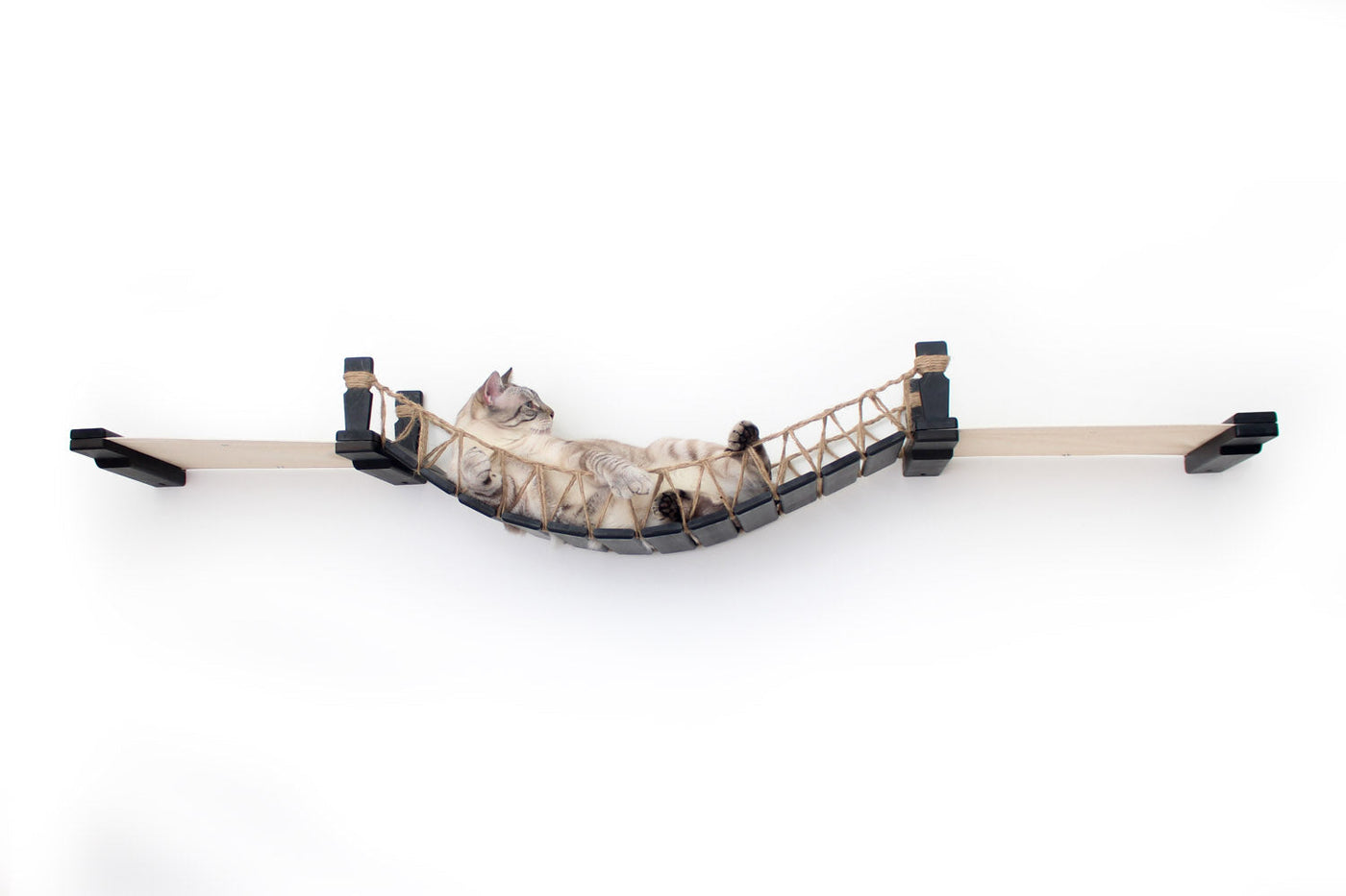 Wall mounted cat bridge with a canvas hammock at each end above a doorway