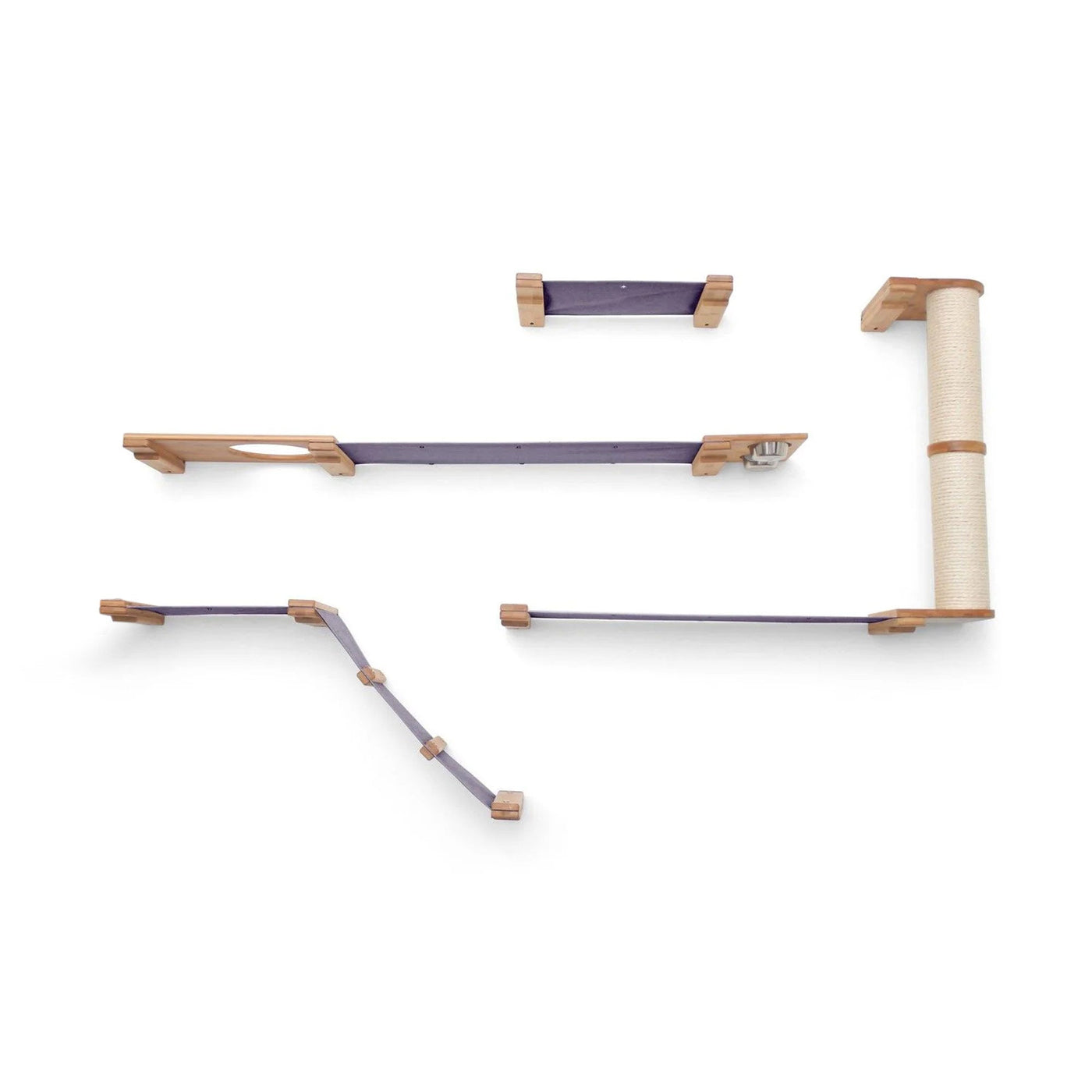 Large wall mounted bamboo cat condo with a feeder, planter, scratching pole, and several canvas hammocks