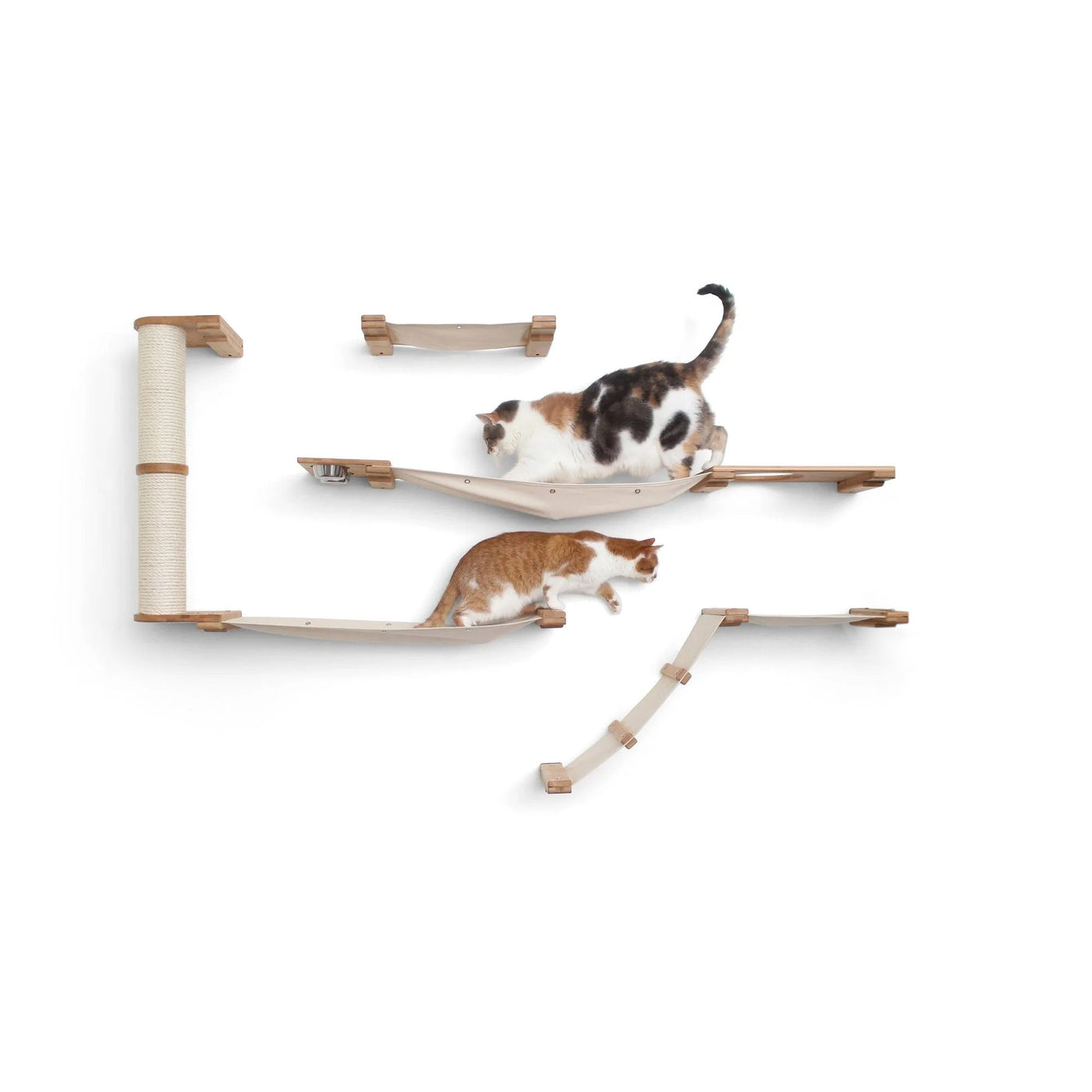 Large wall mounted bamboo cat condo with a feeder, planter, scratching pole, and several canvas hammocks