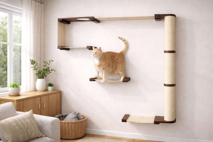 Wall mounted cat condo with a tall three-tier sisal scratching pole and stacked platforms