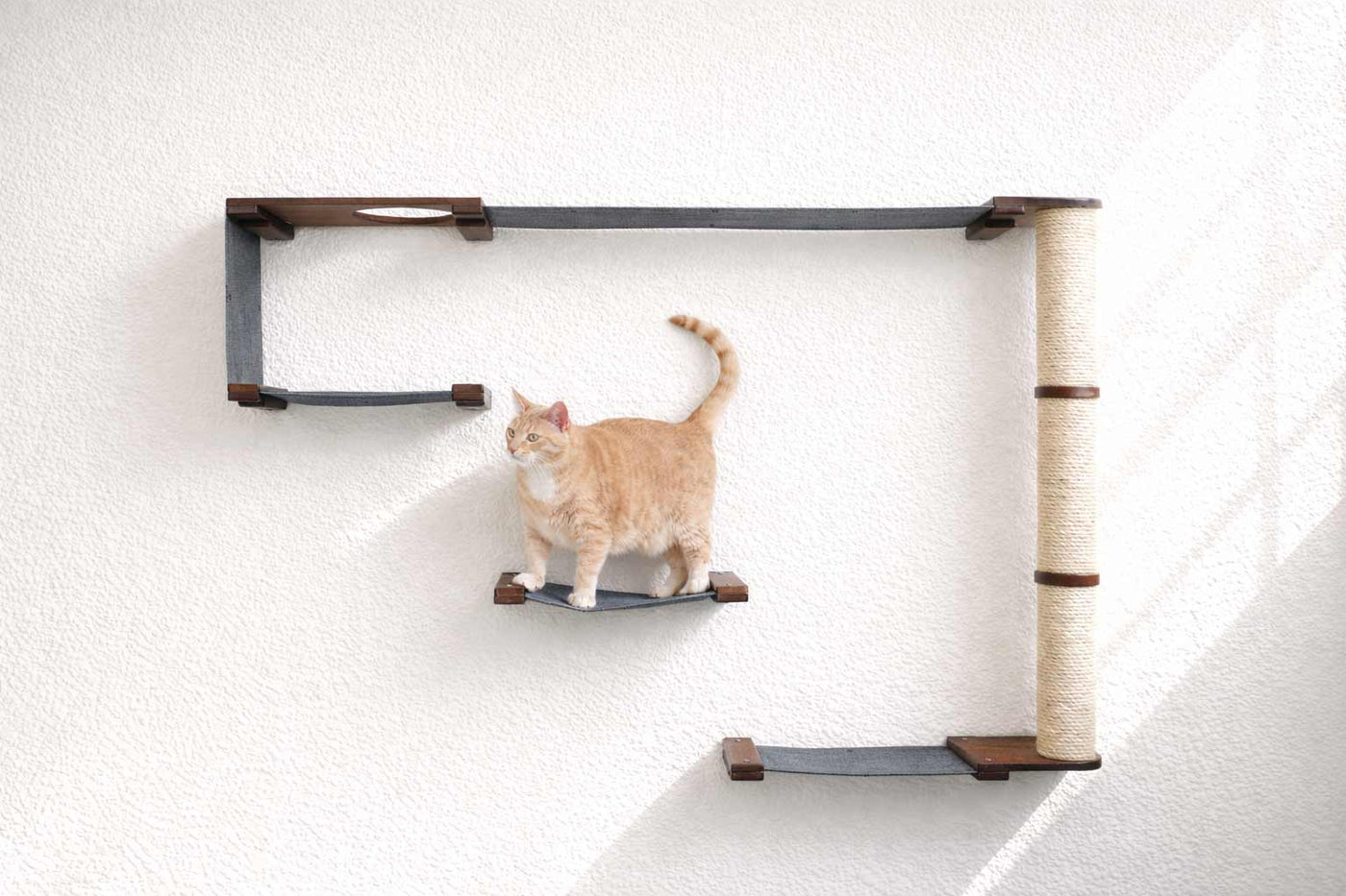 Wall mounted cat condo with a tall three-tier sisal scratching pole and stacked platforms