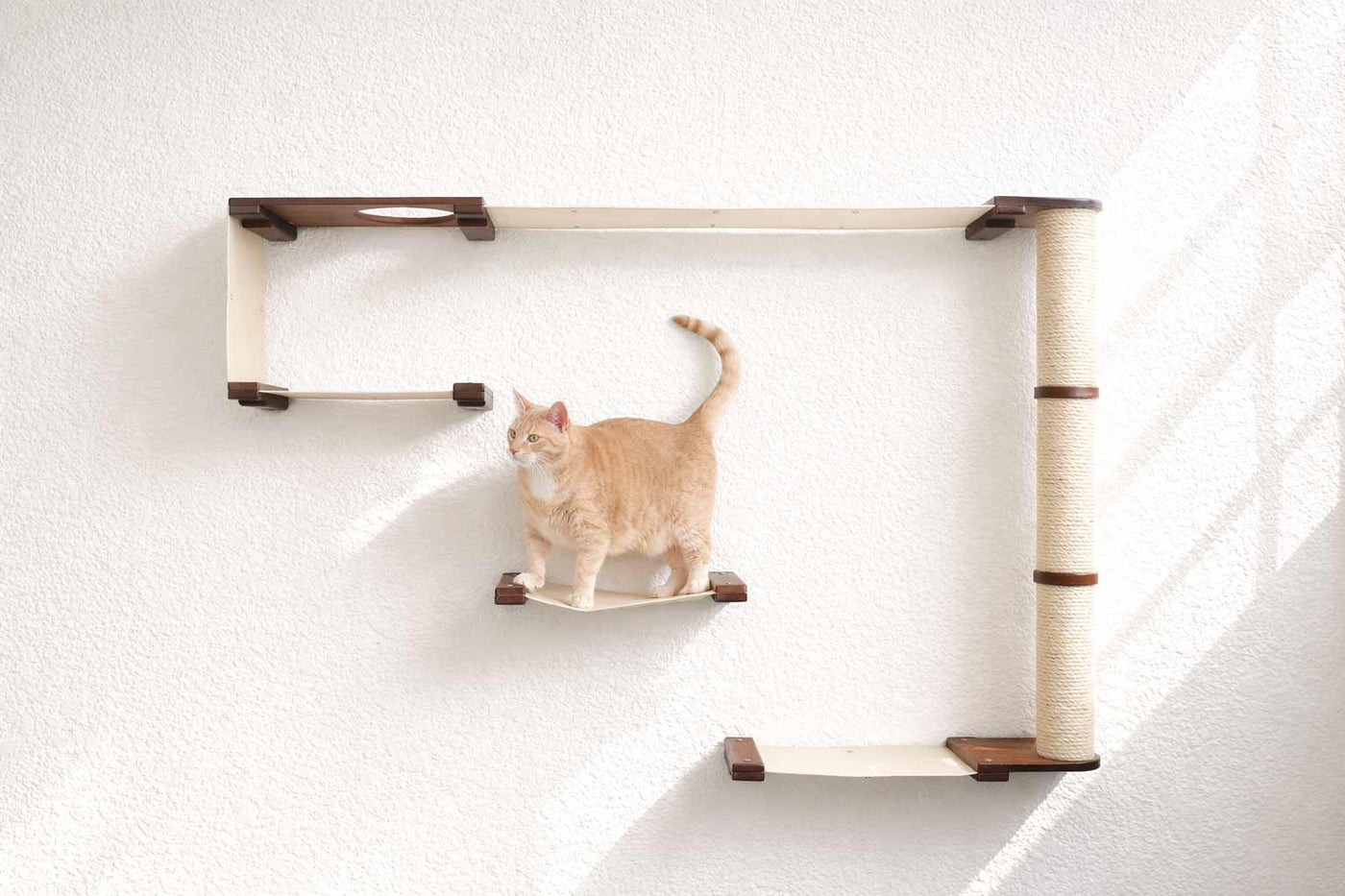 Wall mounted cat condo with a tall three-tier sisal scratching pole and stacked platforms