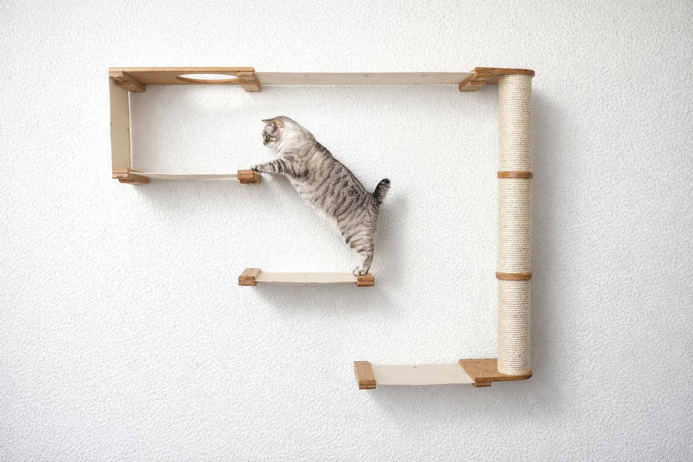 Wall mounted cat condo with a tall three-tier sisal scratching pole and stacked platforms
