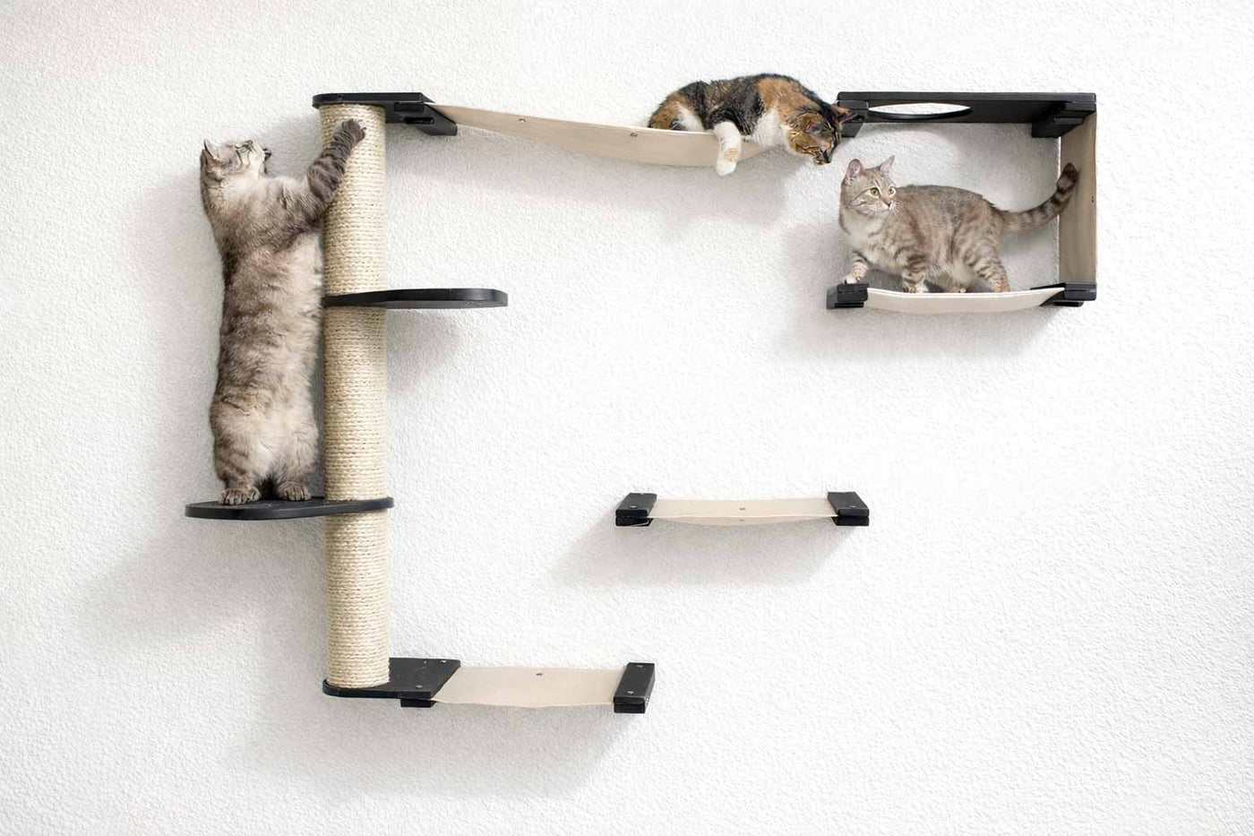 Wall mounted cat condo with a tall three-tier sisal scratching pole and stacked platforms