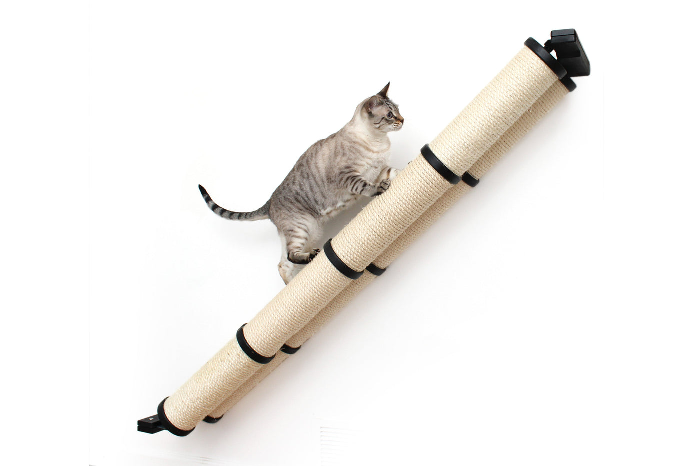 Wall mounted angled sisal cat scratcher installed on a low slope with steel mounting brackets visible