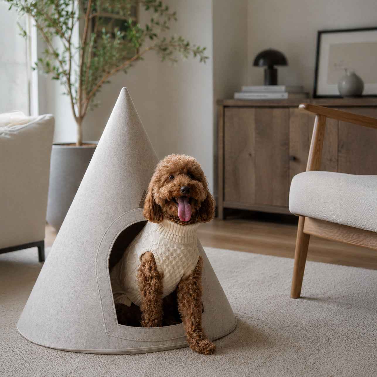 Nooee Molly felt cat cave in Cream/Brown, XL size