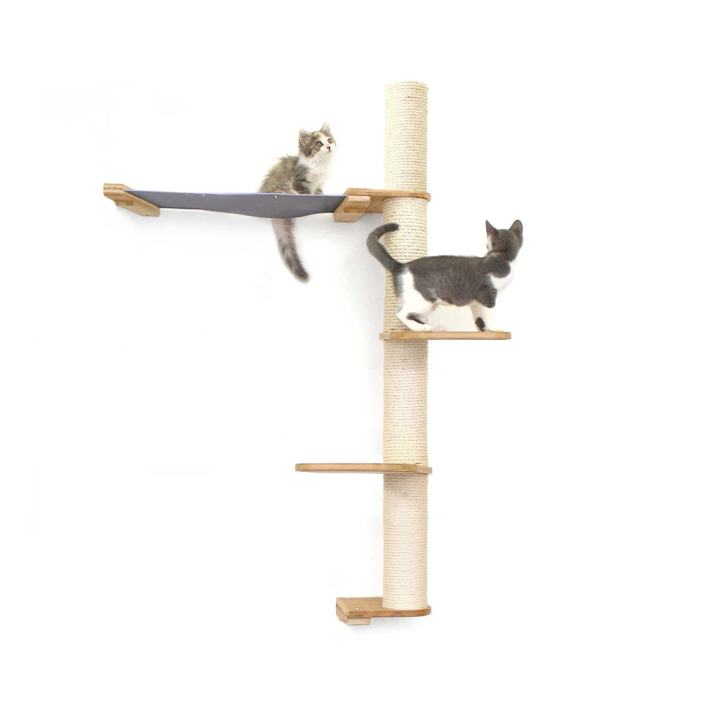 Tall wall mounted cat scratcher tree with a sisal pole installed high near the ceiling