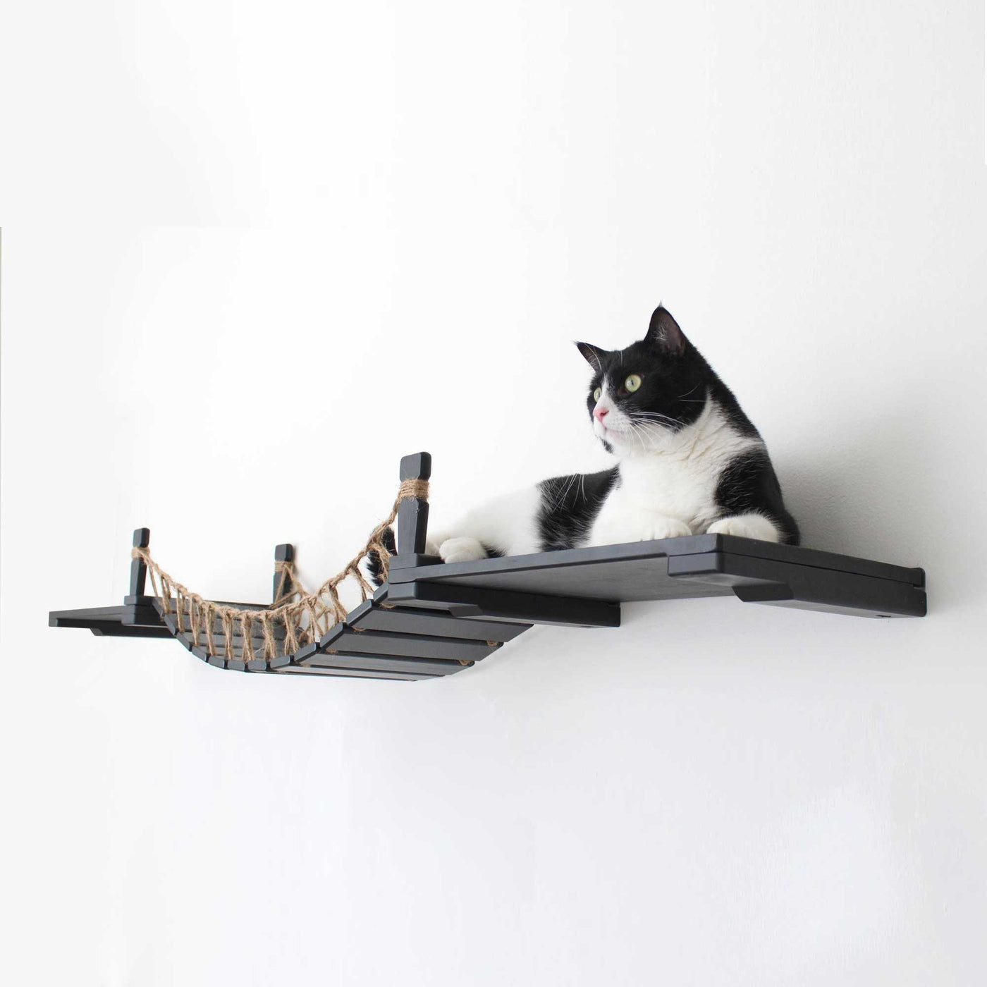 Wall mounted cat suspension bridge with a bamboo landing shelf at each end