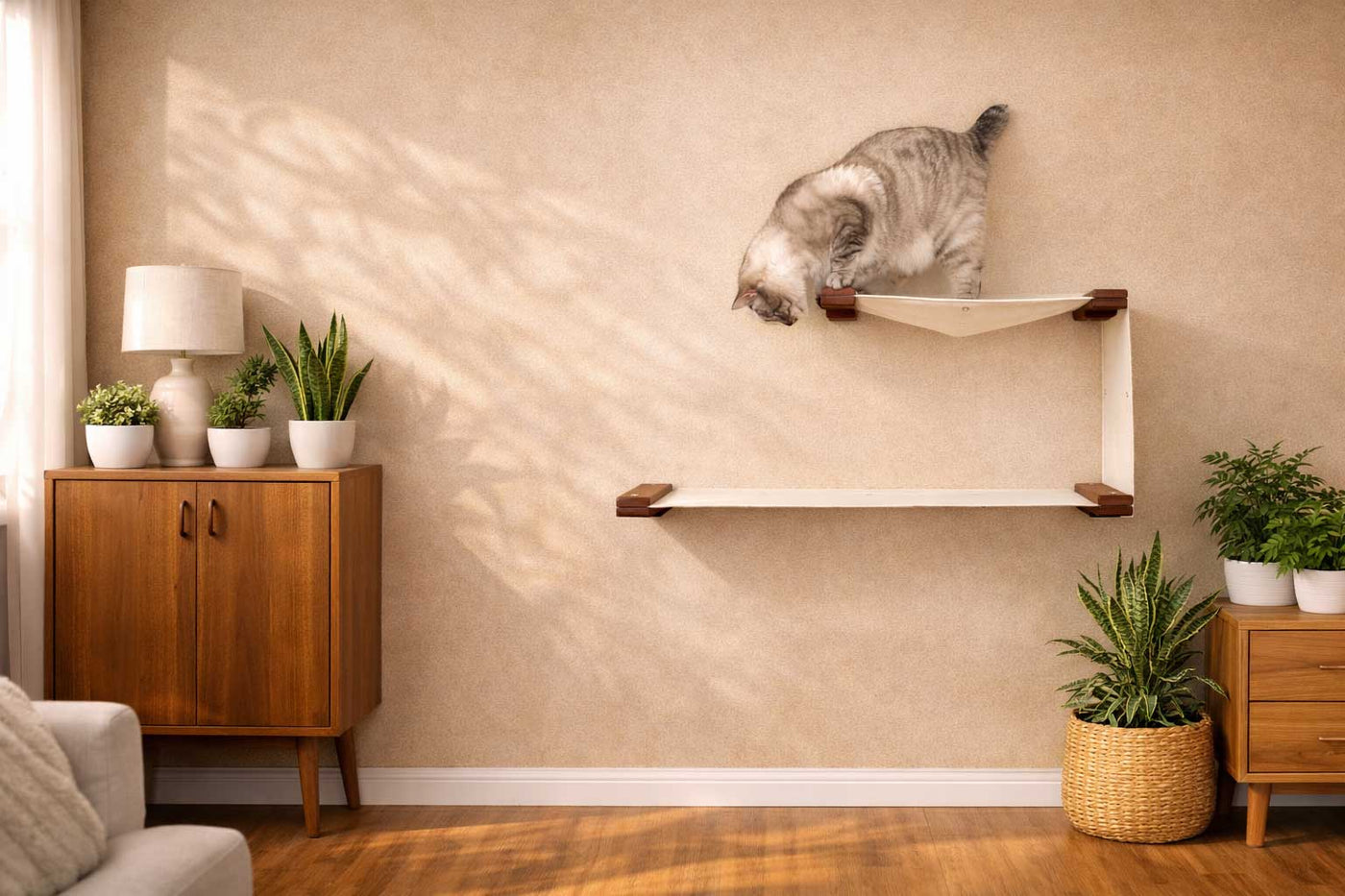 Wall mounted two-level cat hammock in canvas with a lower and upper bed and a fabric divider