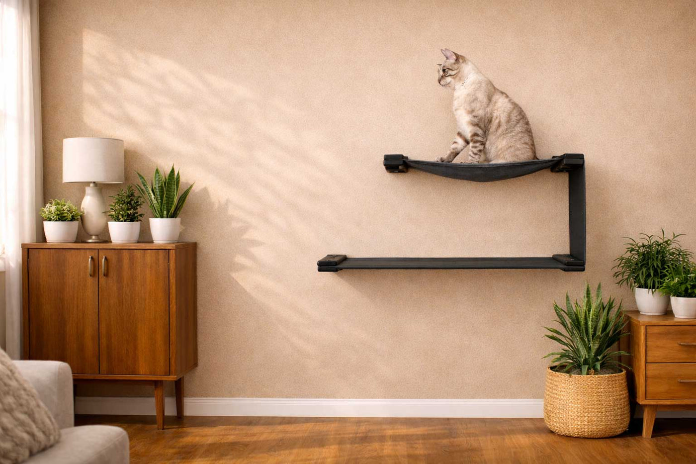 Wall mounted two-level cat hammock in canvas with a lower and upper bed and a fabric divider