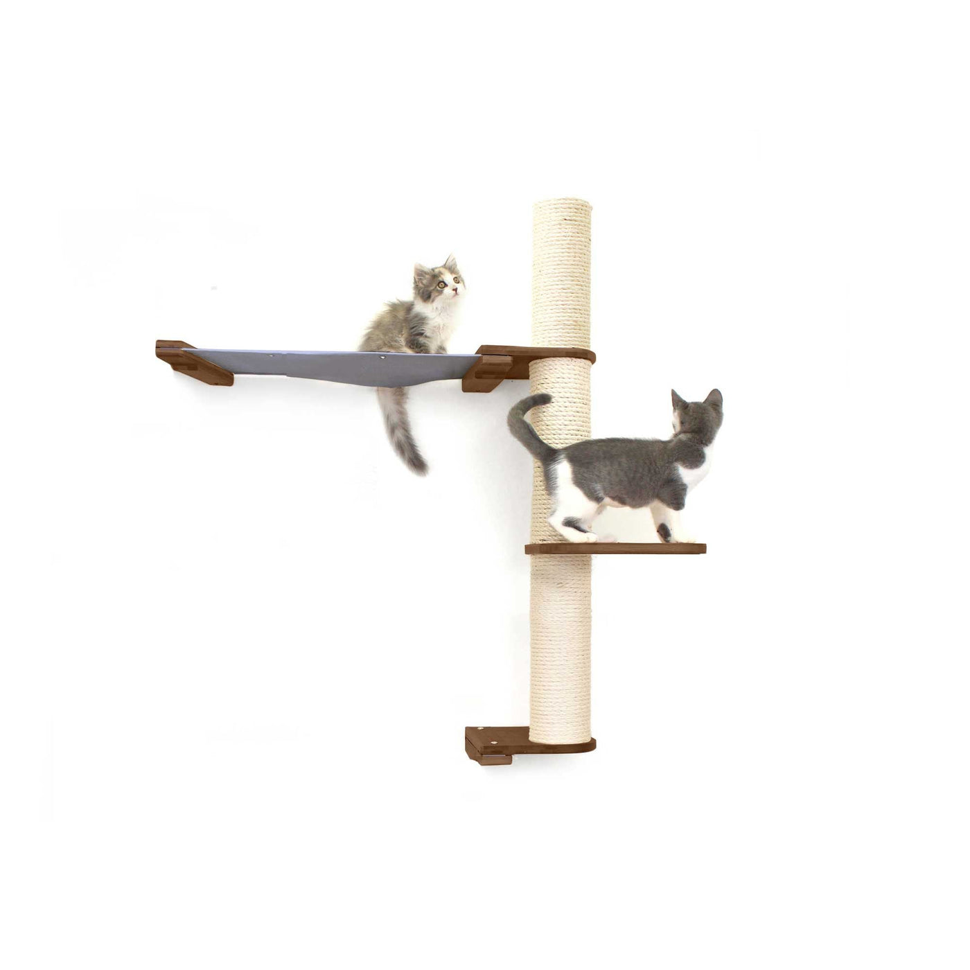 Tall wall mounted cat scratcher tree with a sisal pole installed high near the ceiling