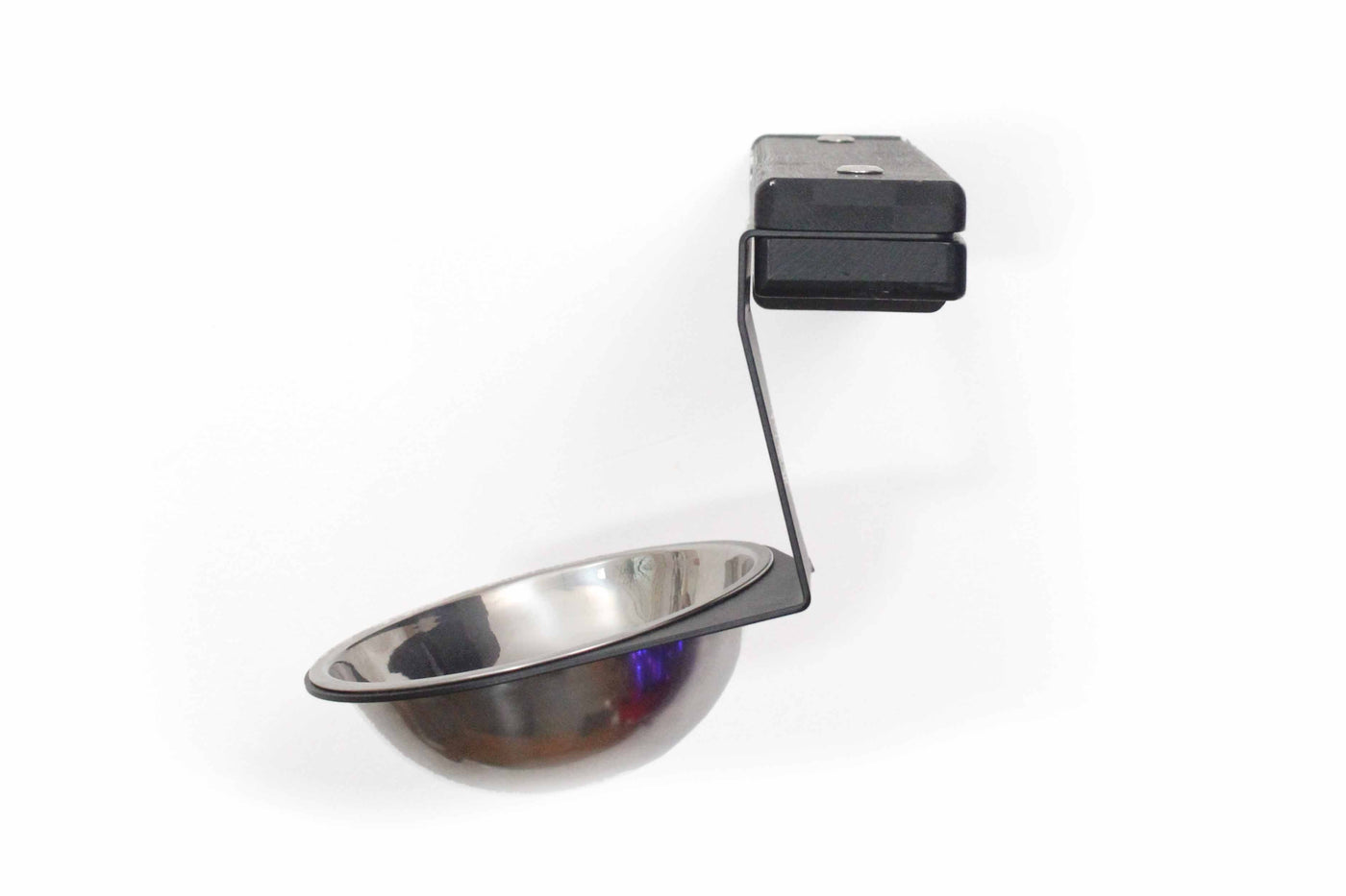 Wall mounted bamboo cat feeding shelf with two food dishes and an escape hatch opening above