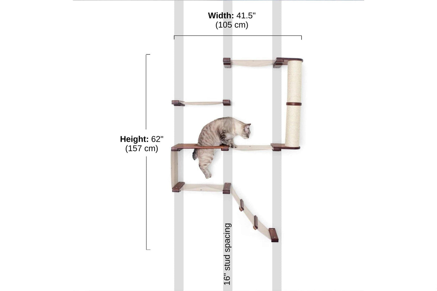 Tall narrow wall mounted cat fort condo with an entry ramp, escape hatch, and stacked canvas hammocks