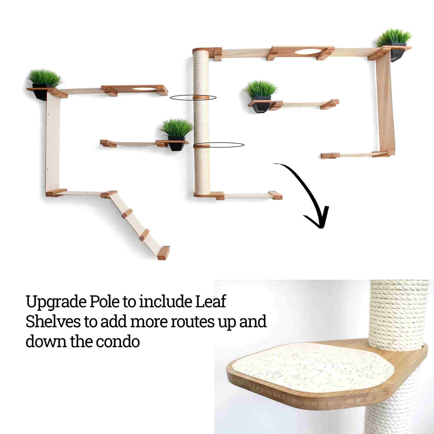 Large wall mounted bamboo cat condo with many canvas hammocks, four planters, and a central sisal pole