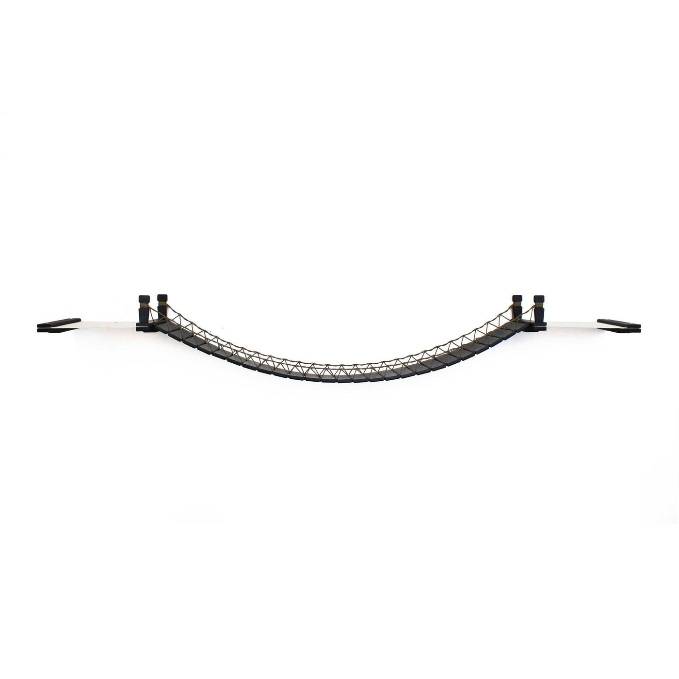 Wall mounted cat bridge with a canvas hammock at each end above a doorway