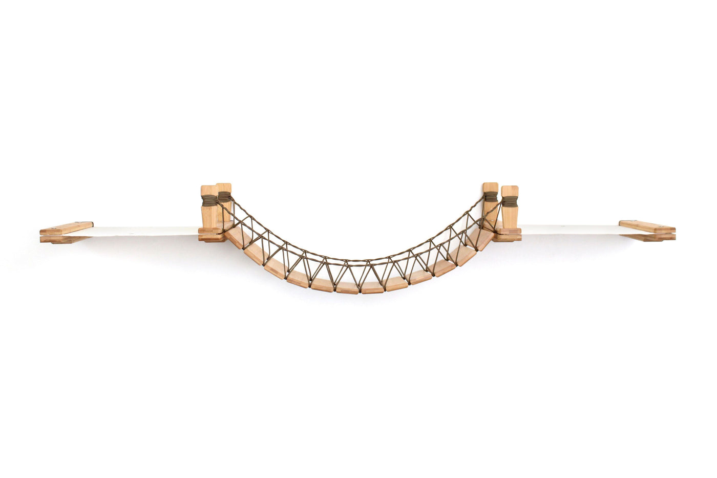 Wall mounted cat bridge with a canvas hammock at each end above a doorway