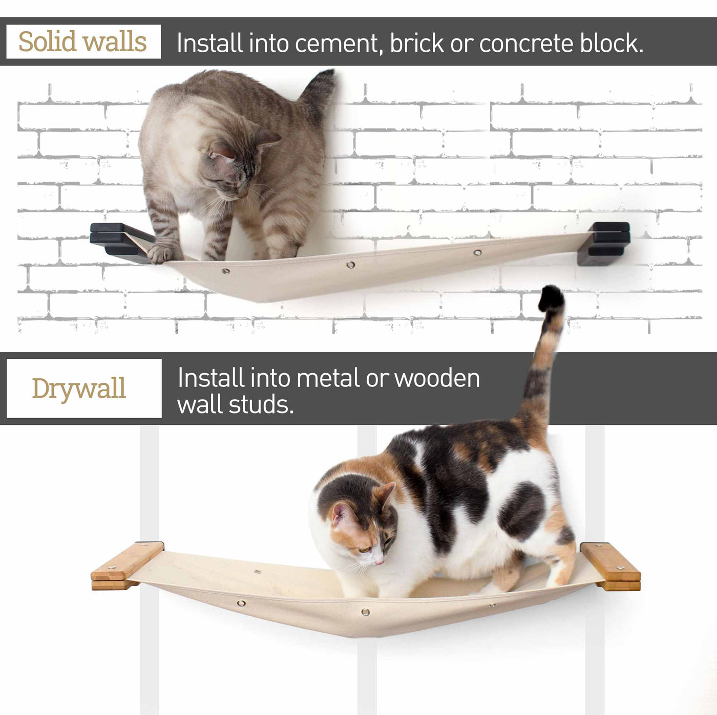 Wall mounted cat hammock in heavyweight canvas slung between two bamboo mounting planks