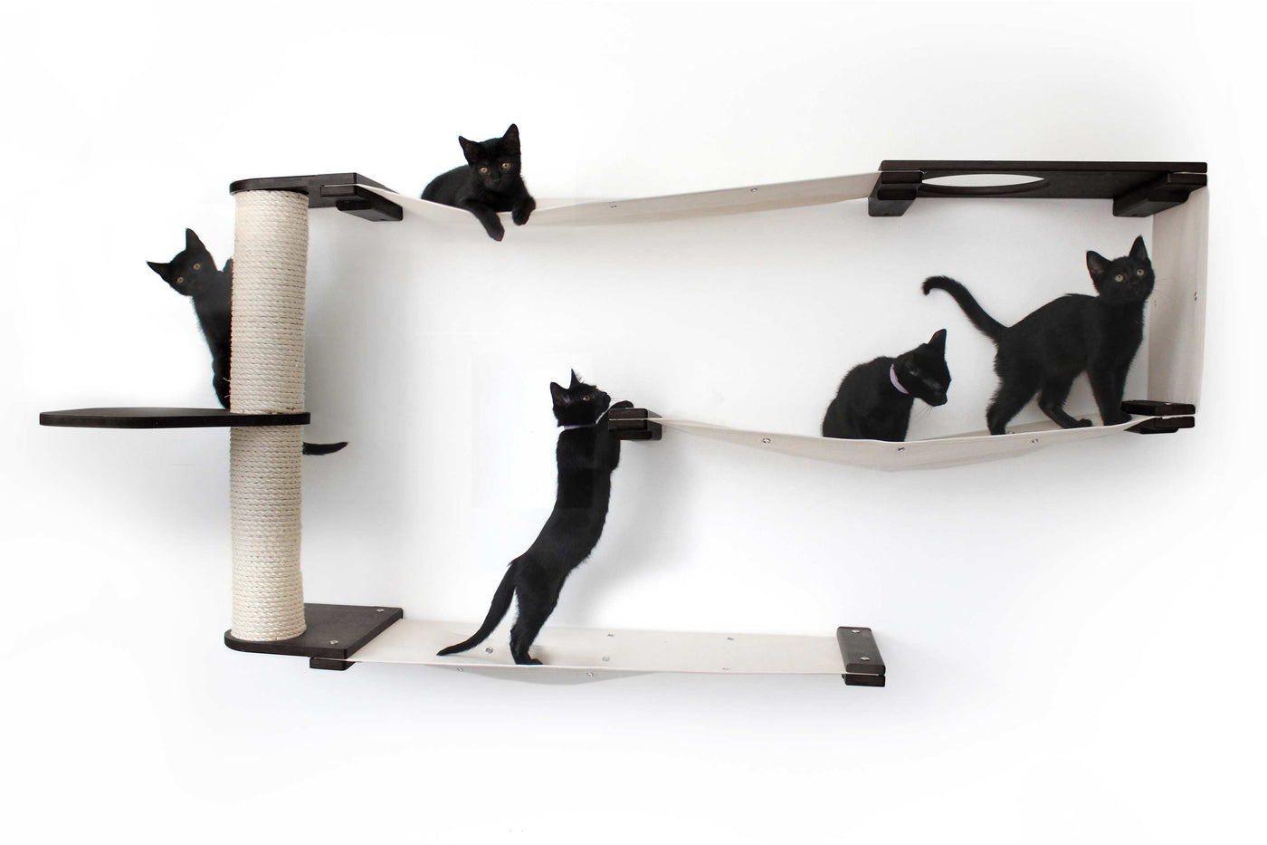 Wall mounted bamboo cat maze condo with interlocking panels and a small escape hatch opening