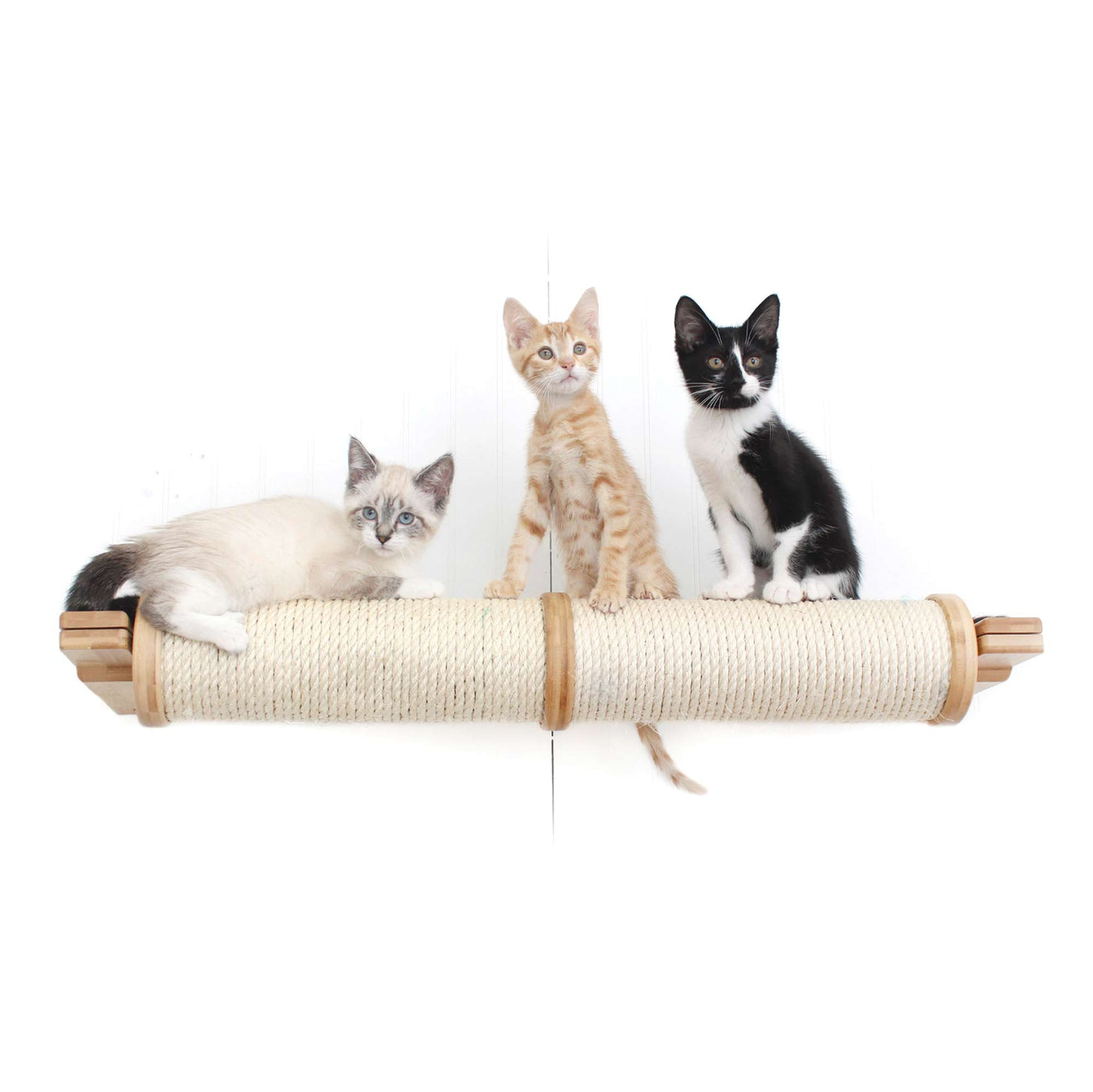Wall mounted horizontal sisal cat scratching post running sideways across the wall