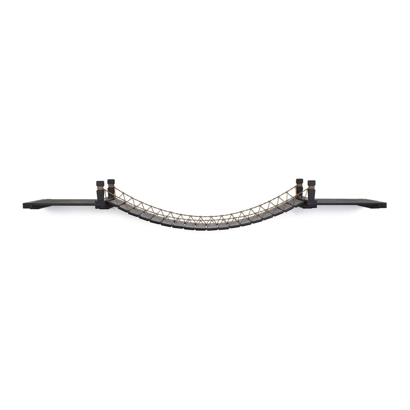 Wall mounted cat suspension bridge with a bamboo landing shelf at each end