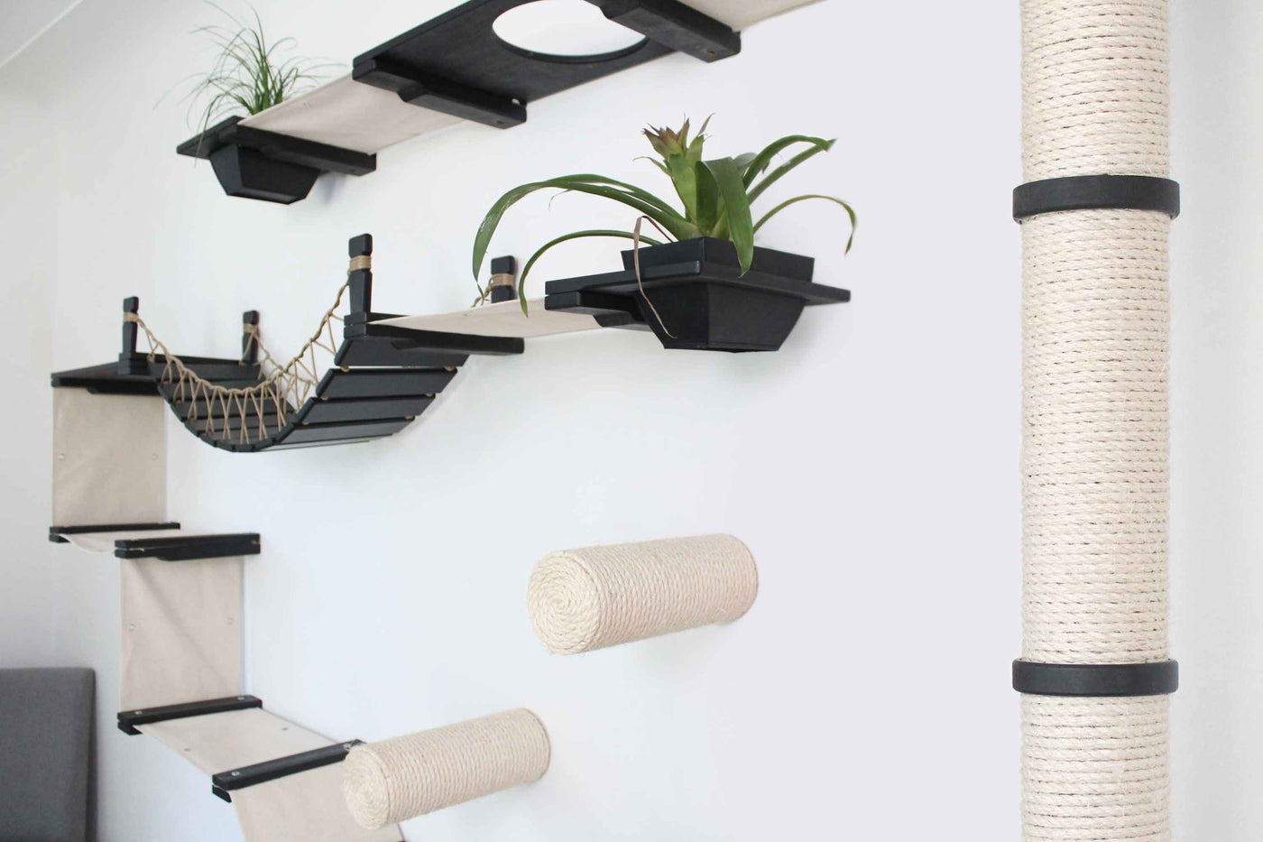 Large wall mounted cat condo packed with hammocks, a sisal pole, floating posts, a bridge, and a planter shelf
