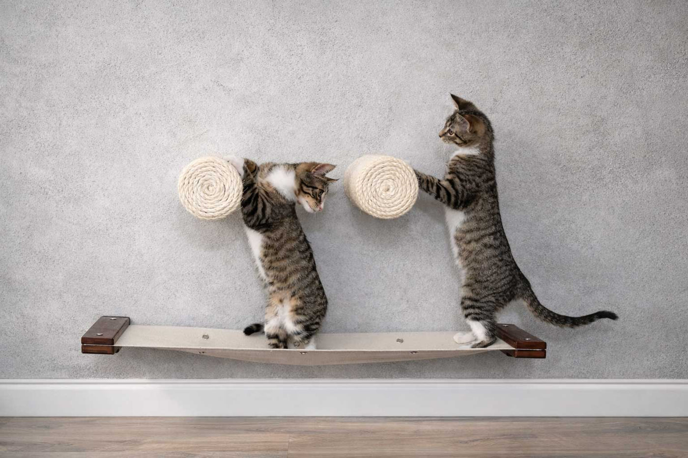 Wall mounted floating sisal cat step scratcher held by a slim steel bracket