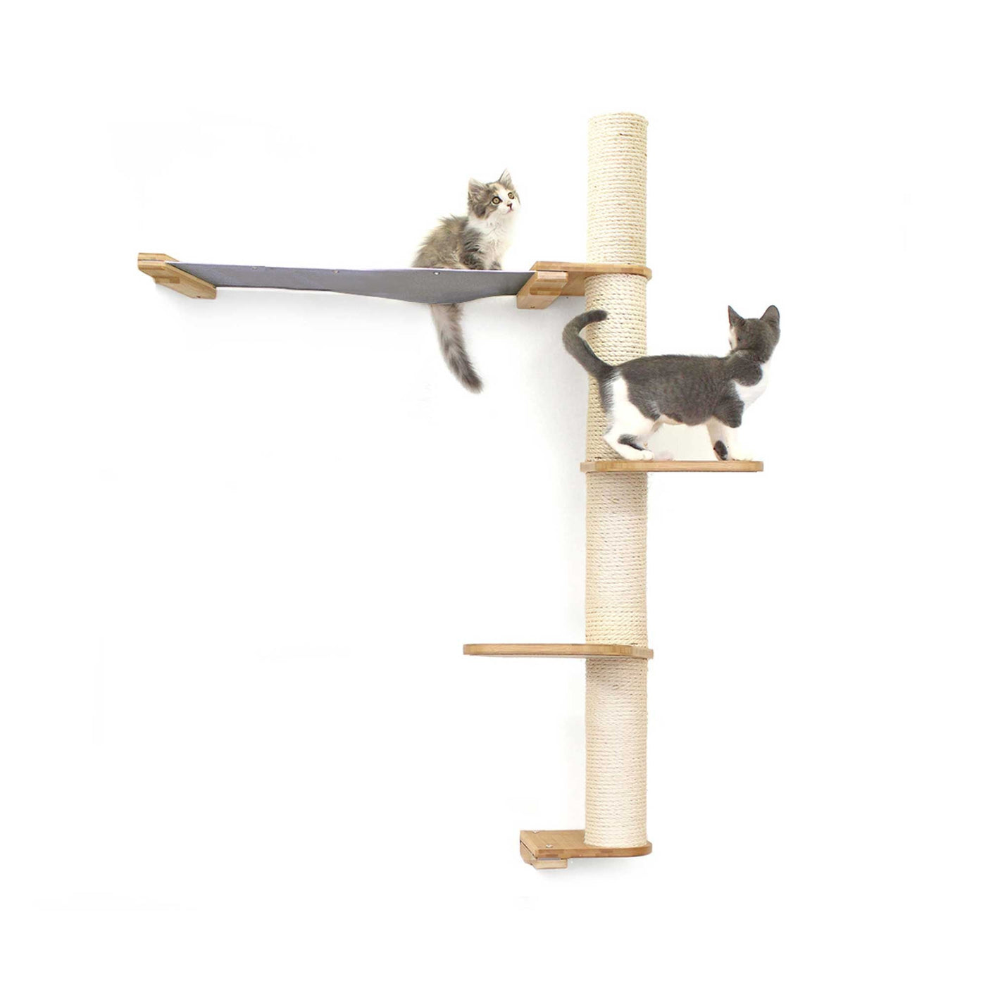 Tall wall mounted cat scratcher tree with a sisal pole installed high near the ceiling