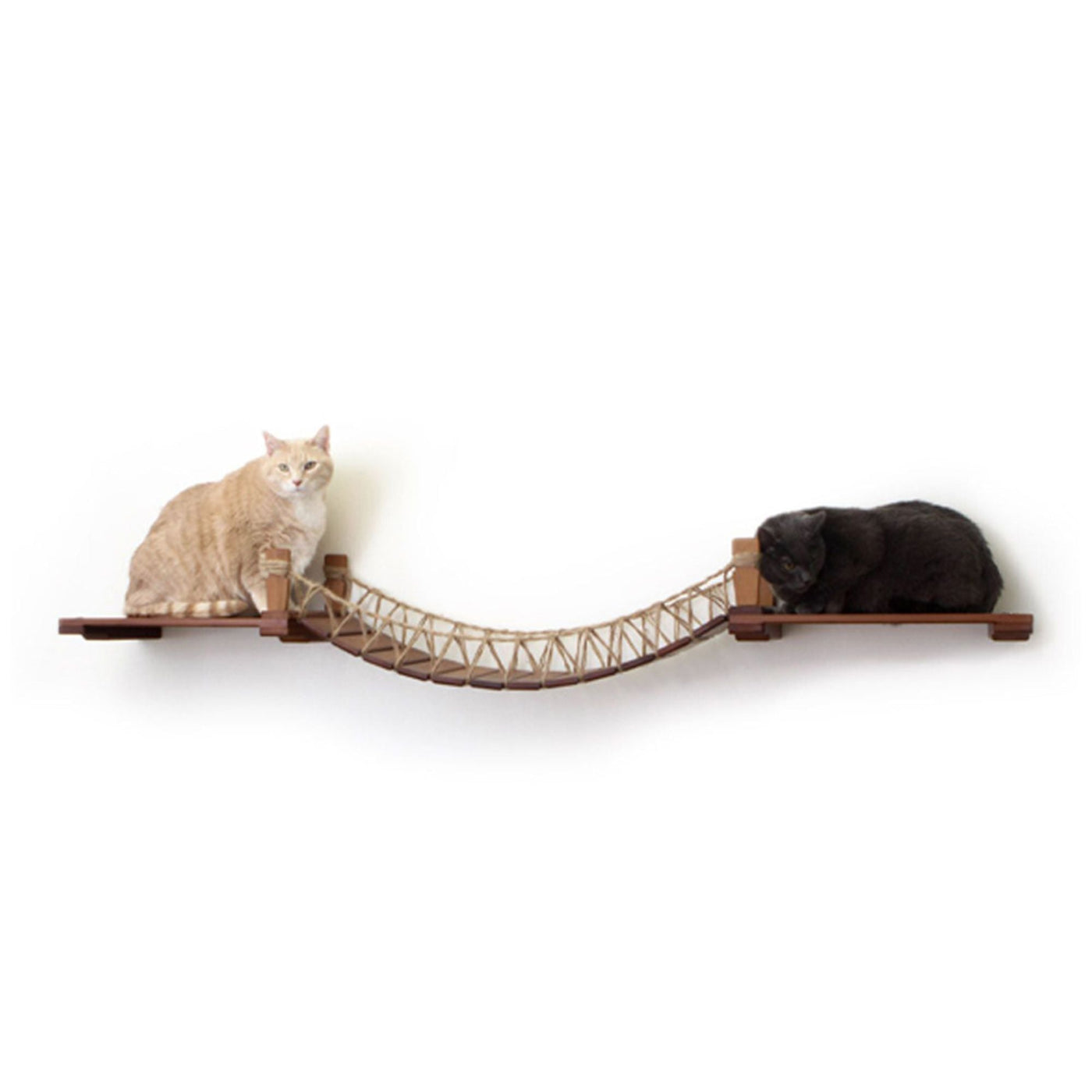 Wall mounted cat suspension bridge with a bamboo landing shelf at each end