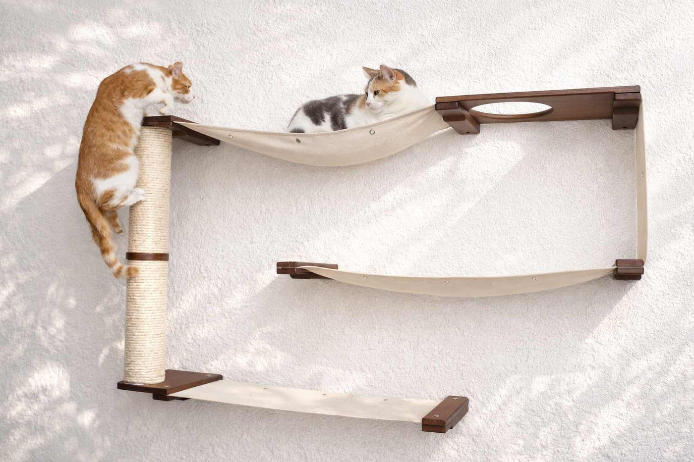 Wall mounted bamboo cat maze condo with interlocking panels and a small escape hatch opening