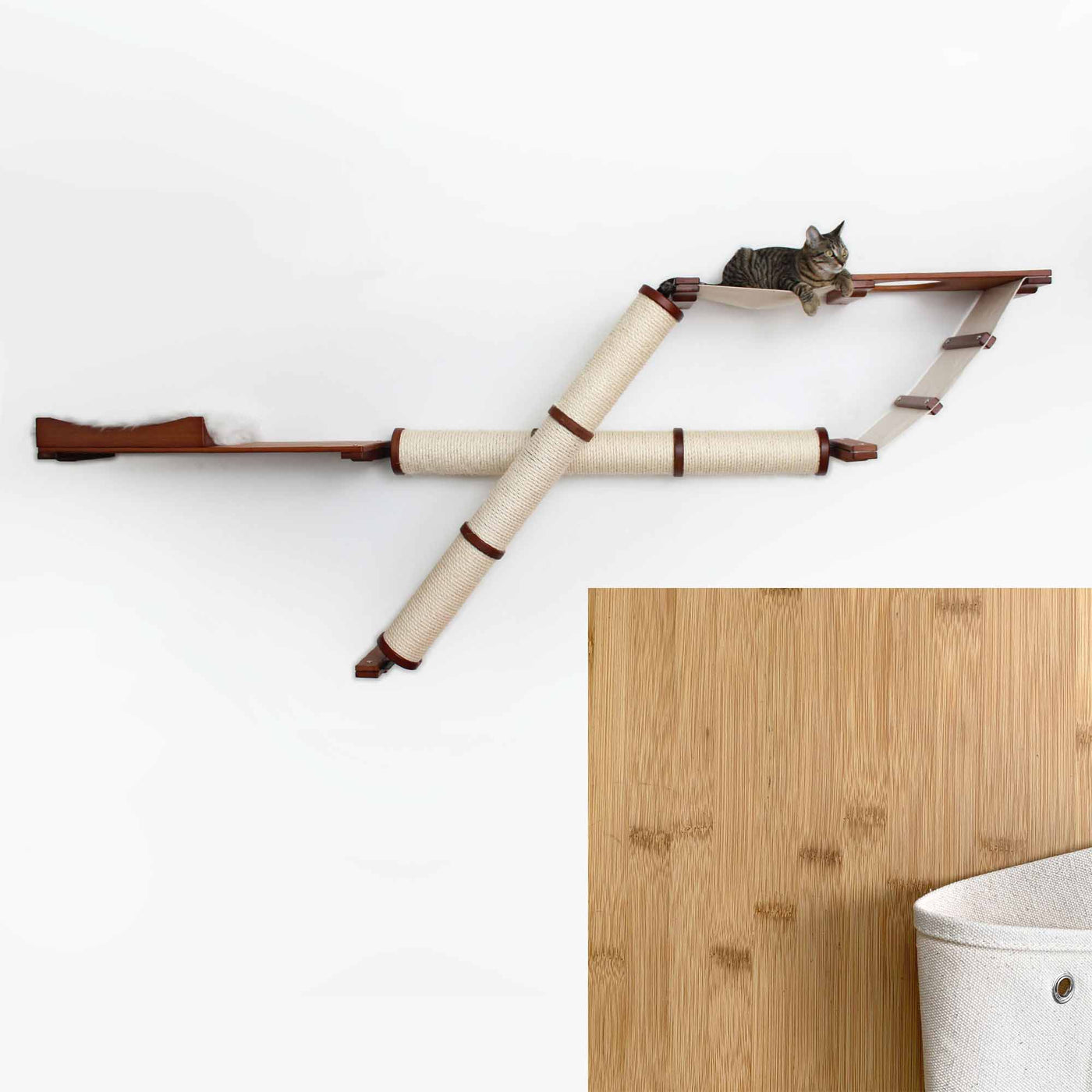 Wall mounted cat scratcher condo with angled and horizontal sisal poles and a plush faux fur nest shelf
