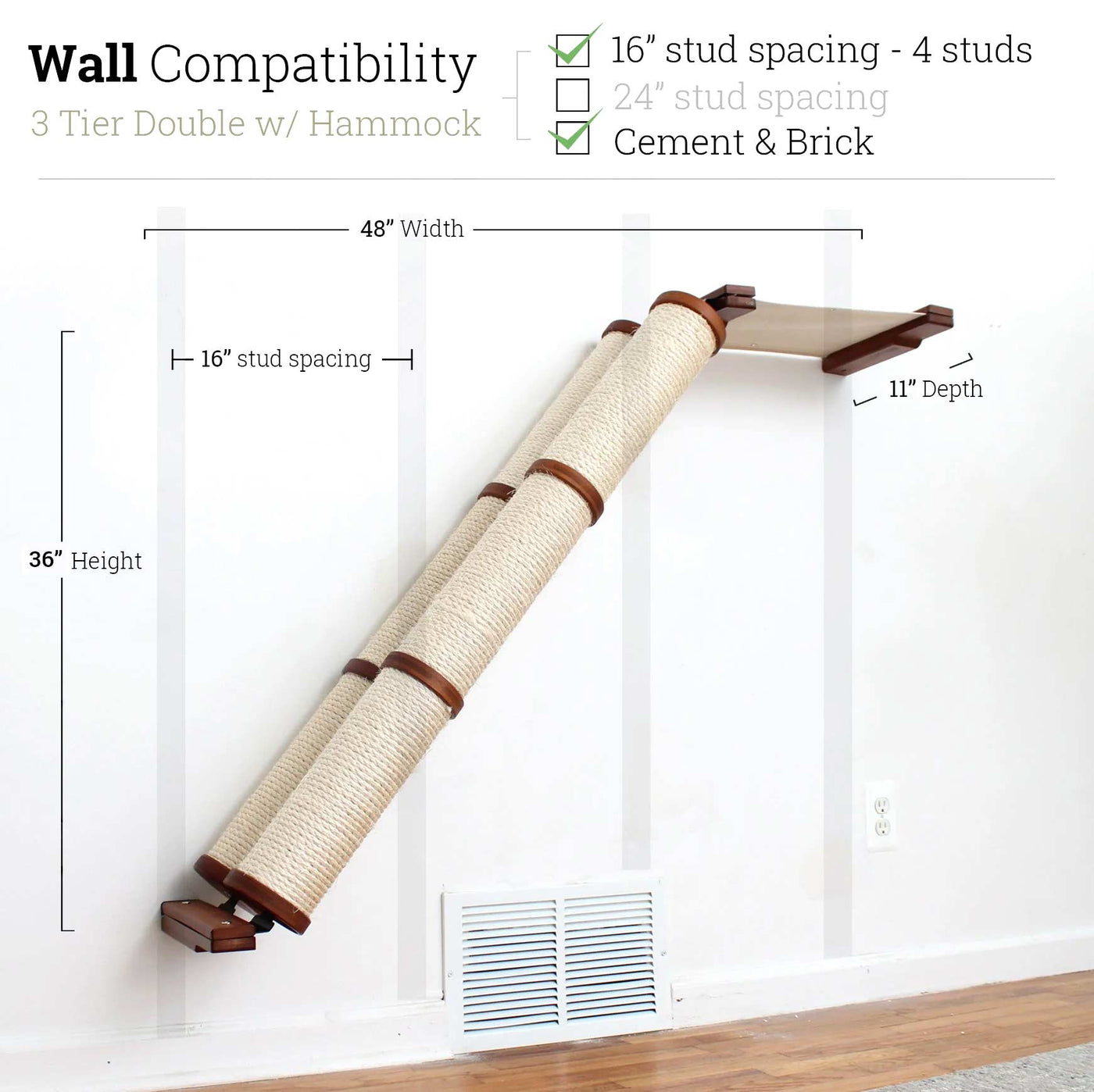 Wall mounted angled sisal cat scratcher installed on a low slope with steel mounting brackets visible