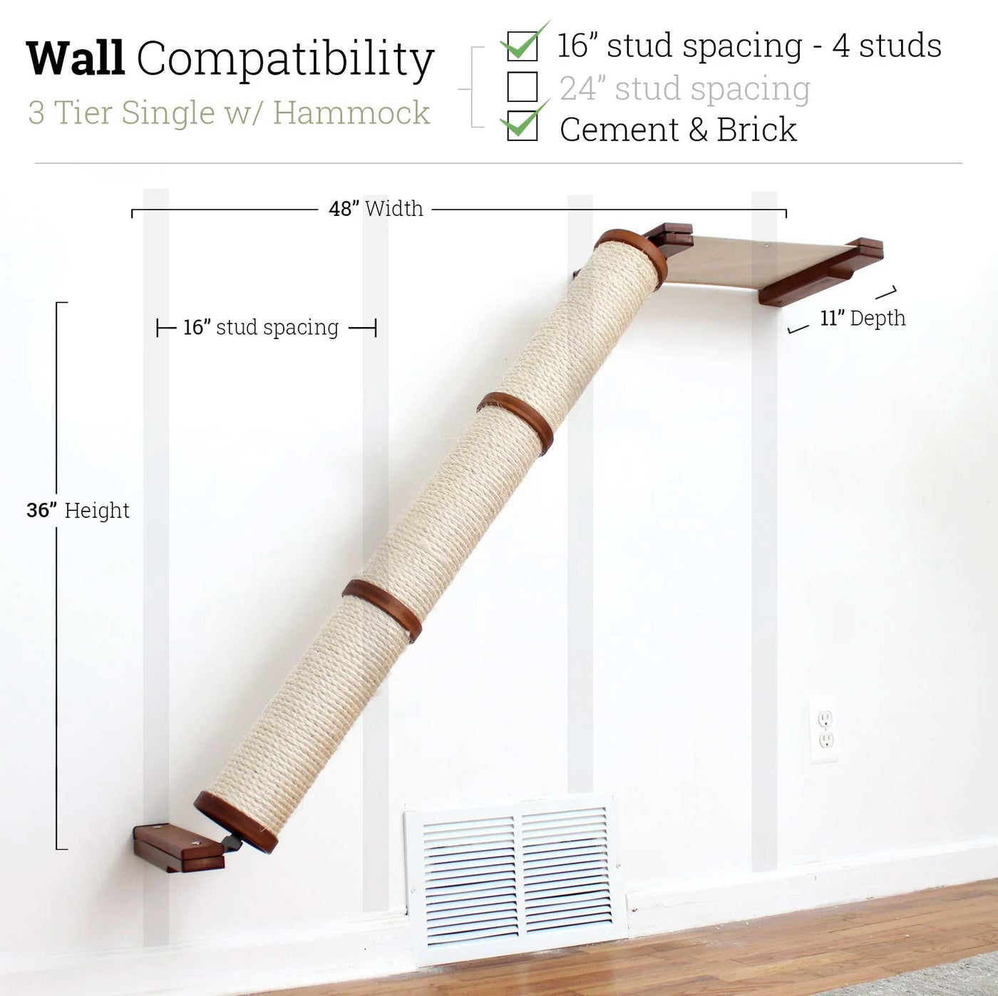 Wall mounted angled sisal cat scratcher installed on a low slope with steel mounting brackets visible