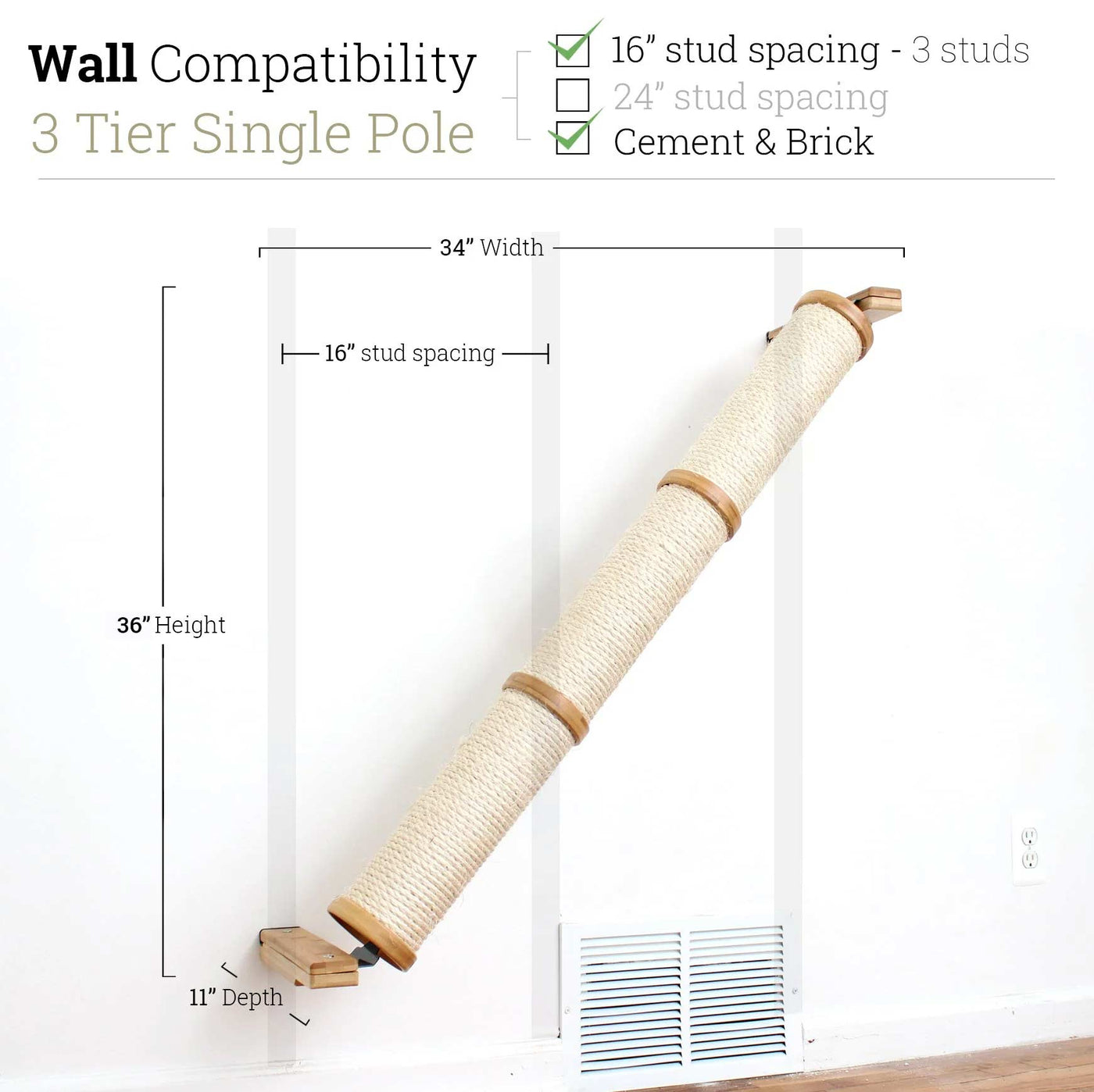 Wall mounted angled sisal cat scratcher installed on a low slope with steel mounting brackets visible