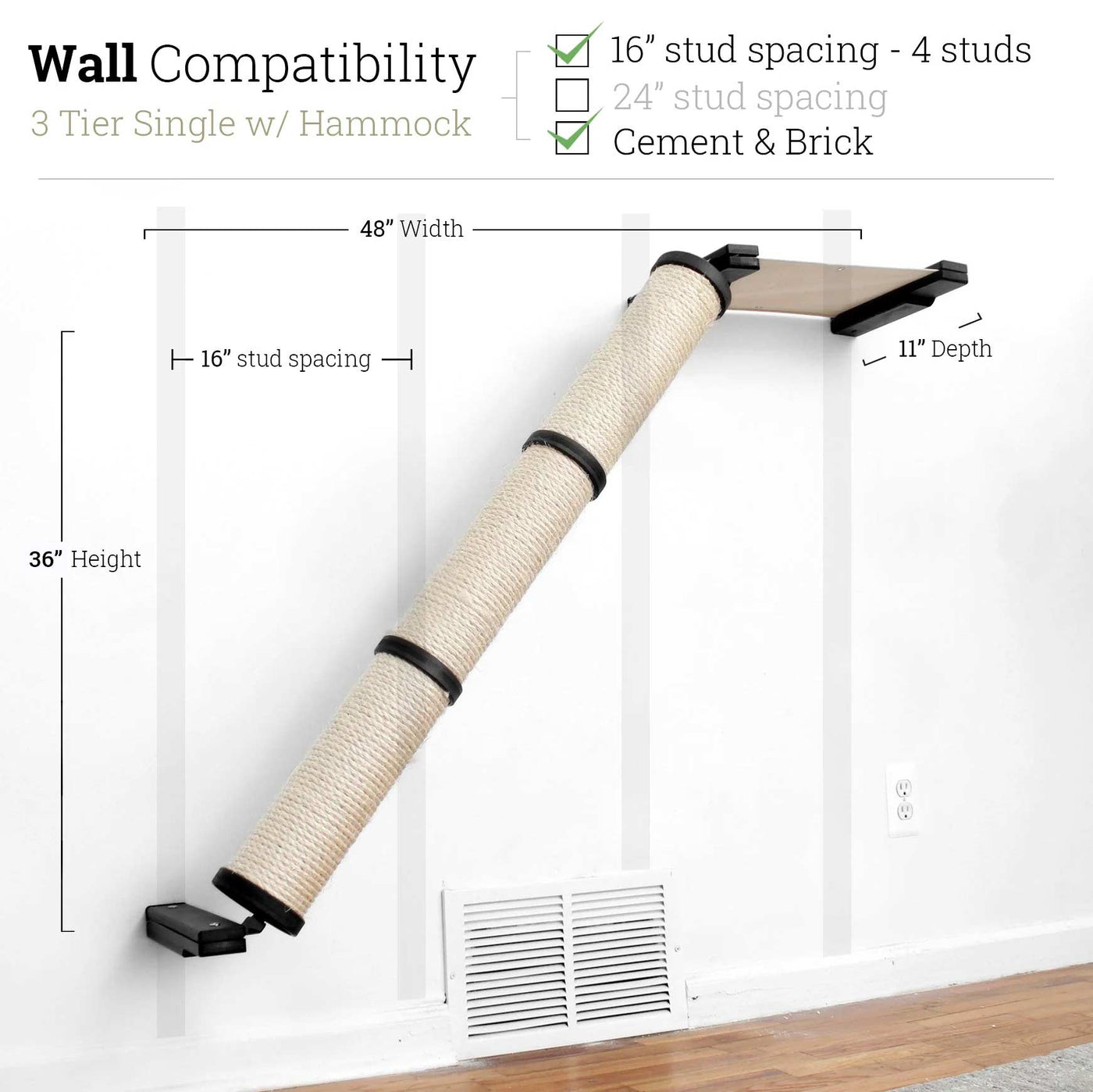 Wall mounted angled sisal cat scratcher installed on a low slope with steel mounting brackets visible