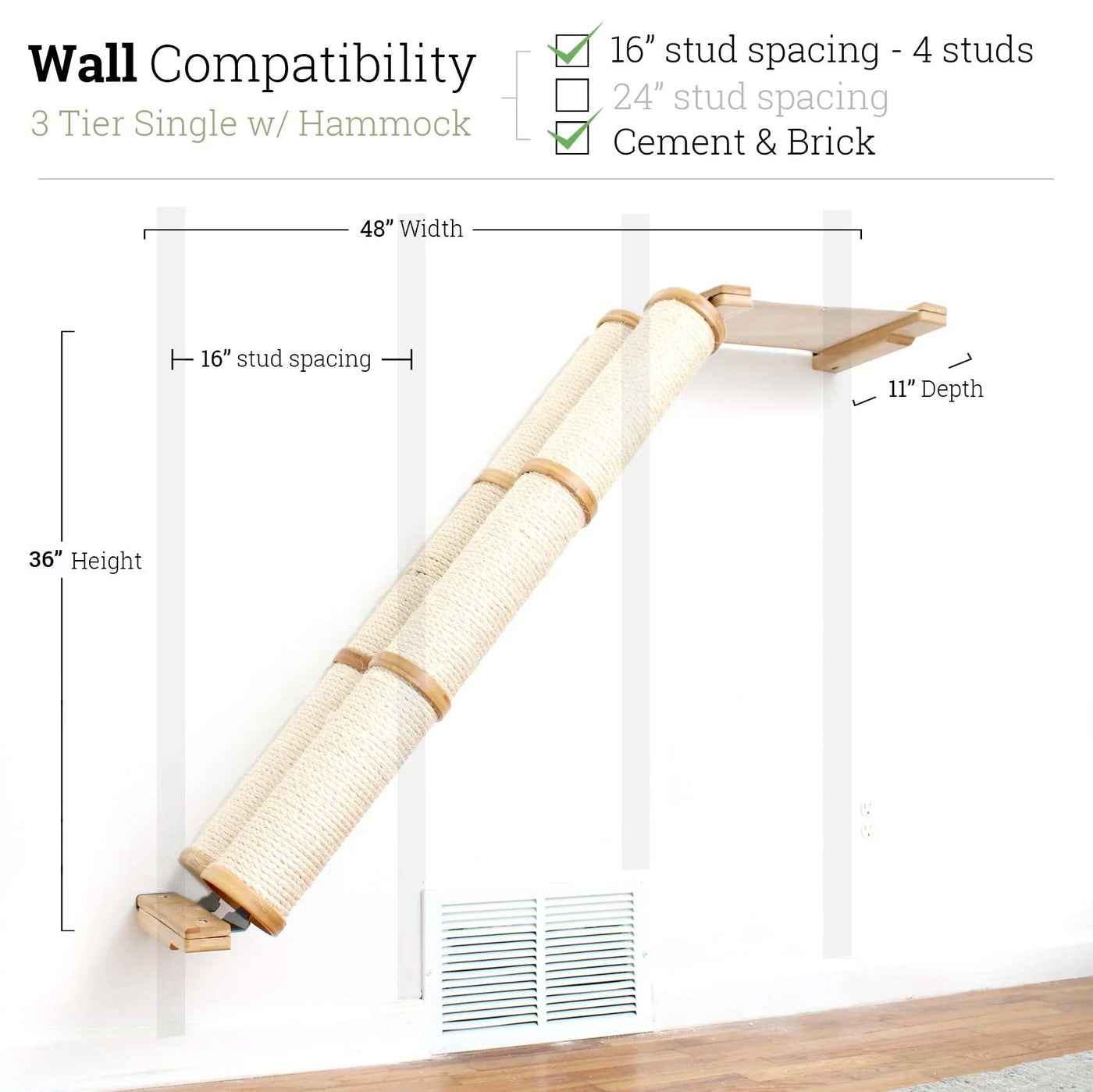 Wall mounted angled sisal cat scratcher installed on a low slope with steel mounting brackets visible