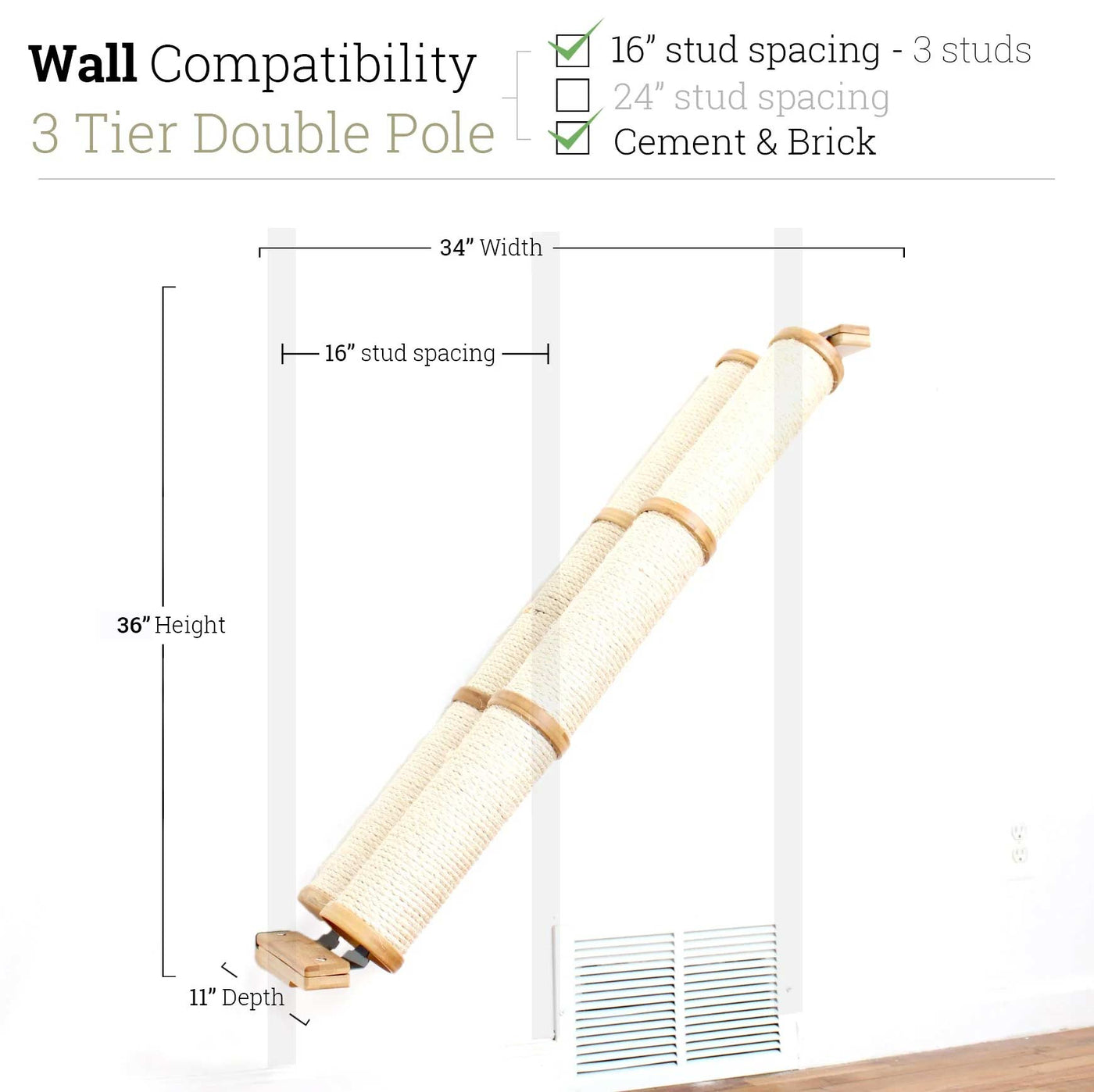 Wall mounted angled sisal cat scratcher installed on a low slope with steel mounting brackets visible