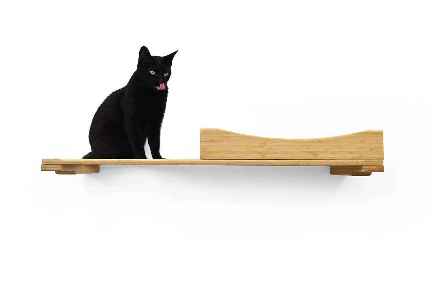 Wall-mounted bamboo cat bed with a curved front ledge and faux fur pad
