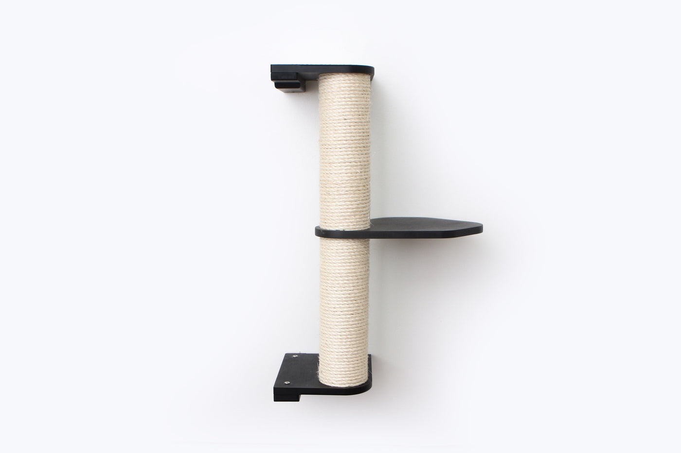 Wall mounted sisal cat scratching pole with a leaf shelf attached partway up