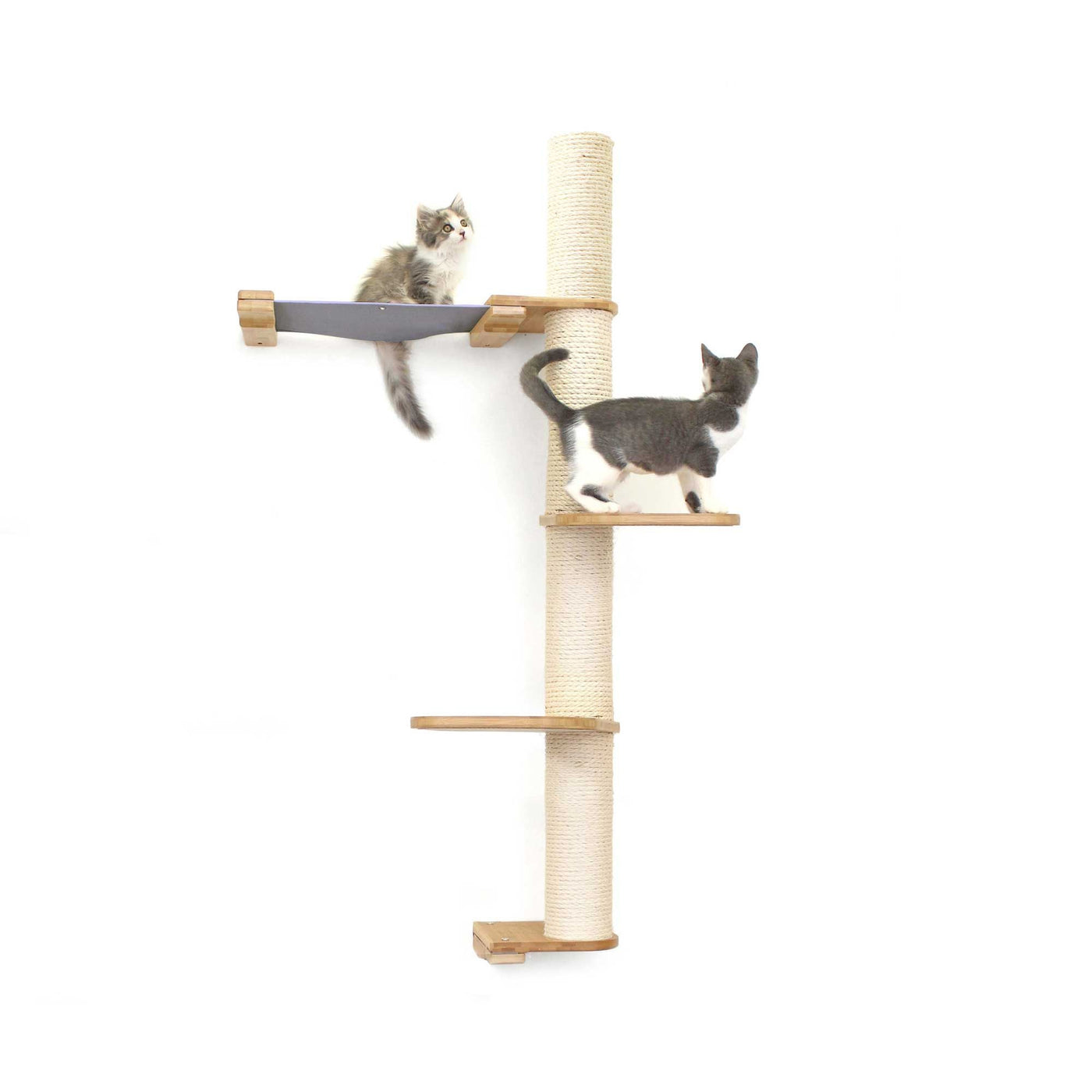 Tall wall mounted cat scratcher tree with a sisal pole installed high near the ceiling