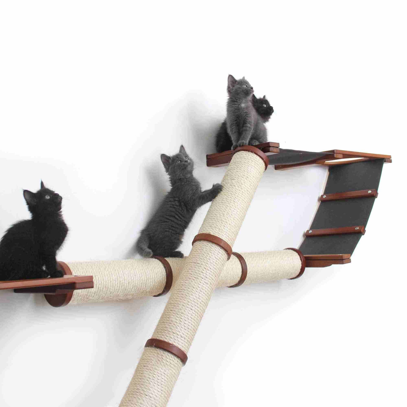 Wall mounted cat scratcher condo with angled and horizontal sisal poles and a plush faux fur nest shelf