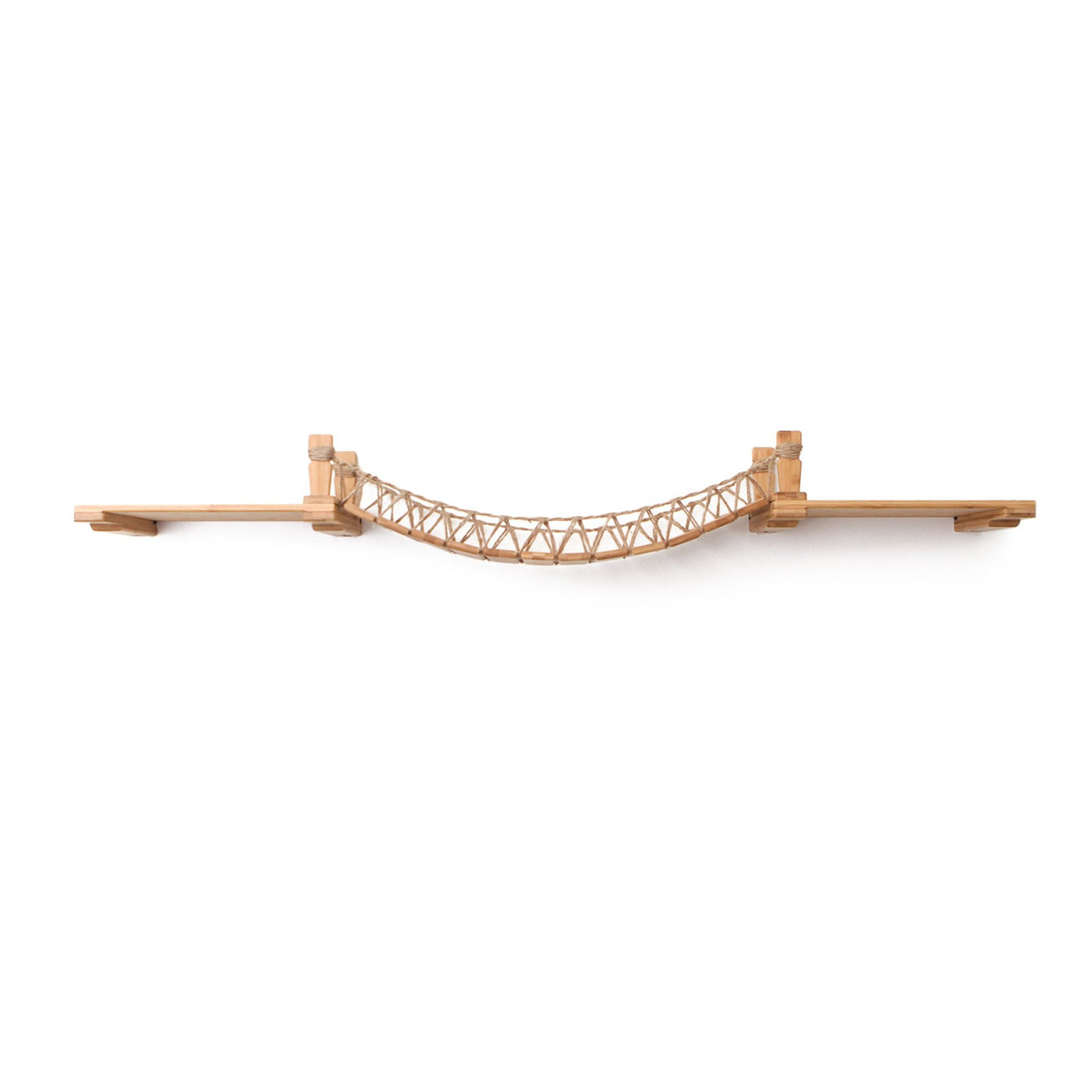 Wall mounted cat suspension bridge with a bamboo landing shelf at each end