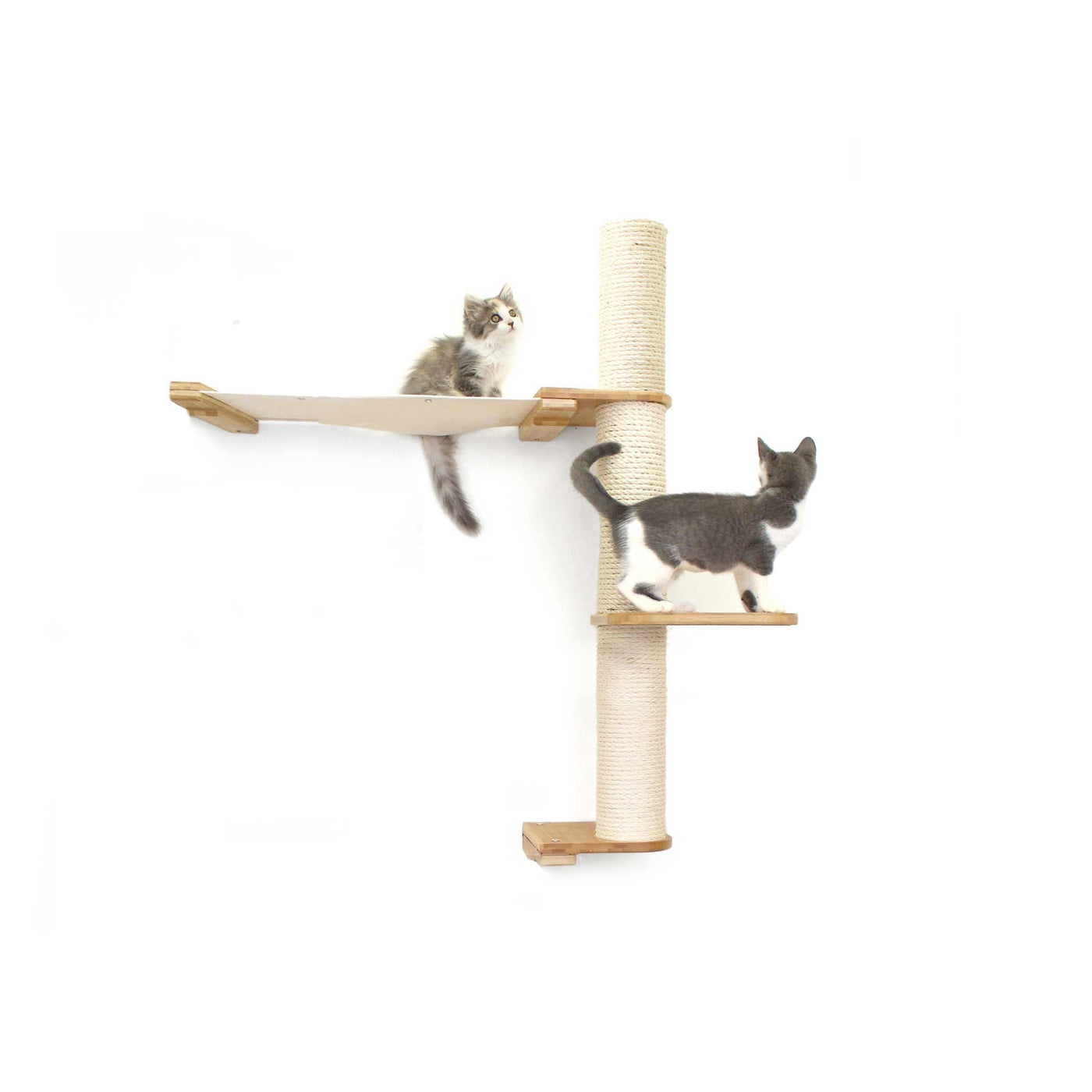 Tall wall mounted cat scratcher tree with a sisal pole installed high near the ceiling